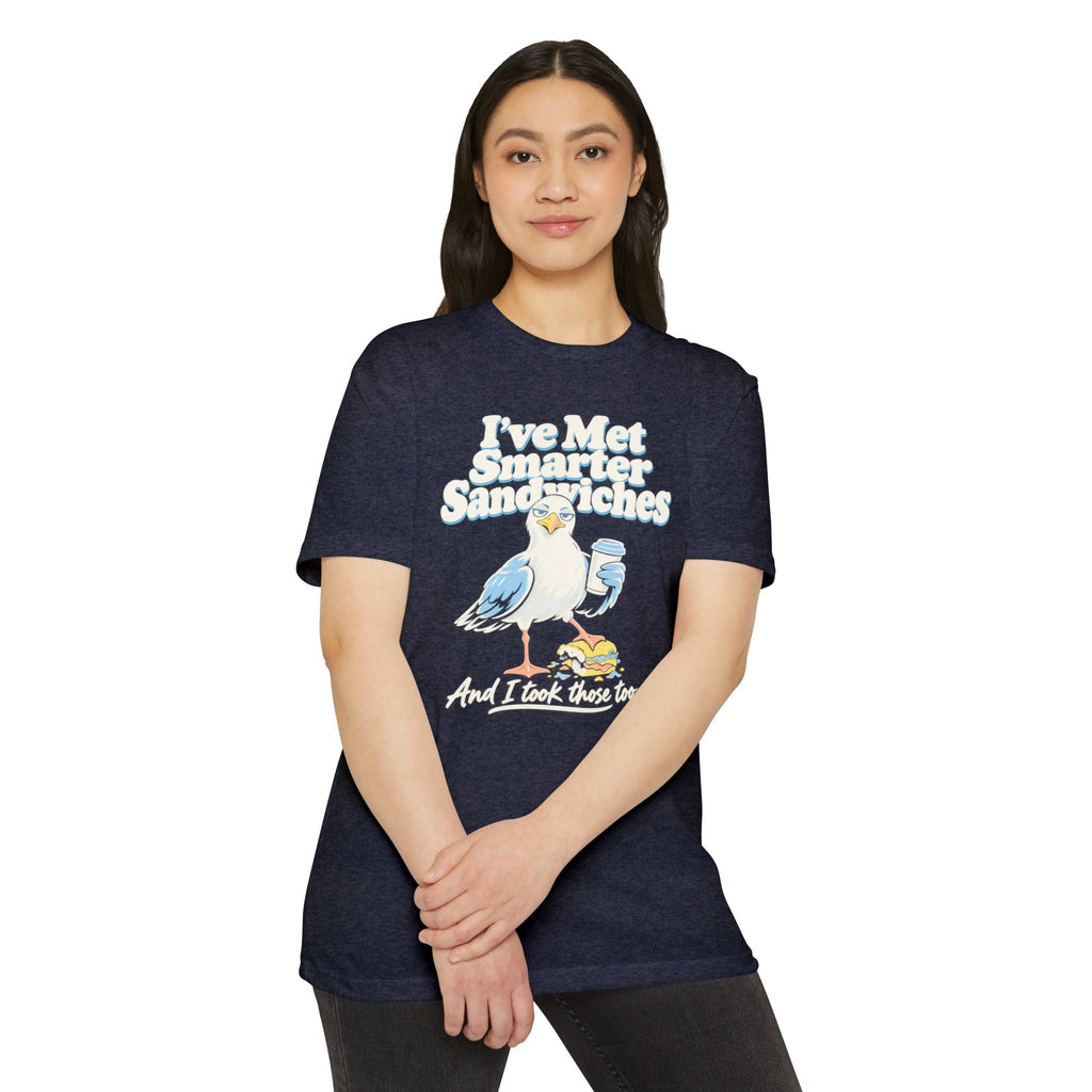 Navy graphic t-shirt with seagull illustration and “I’ve Met Smarter Sandwiches”