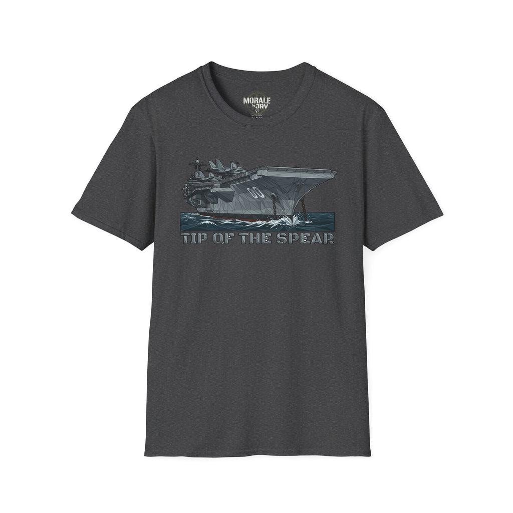 Dark T-shirt with 'TIP OF THE SPEAR' aircraft carrier front graphic