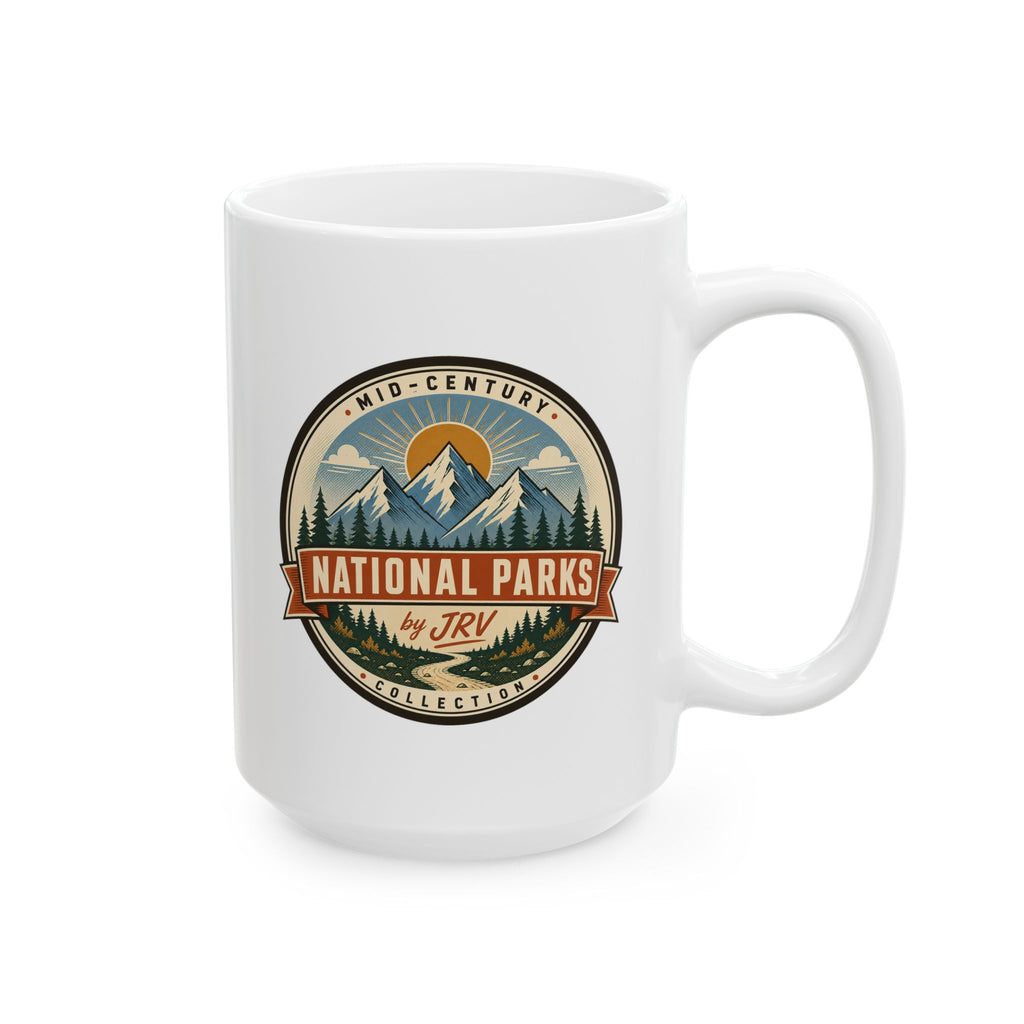 White ceramic mug with “Mid-Century National Parks by JRV” emblem and handle