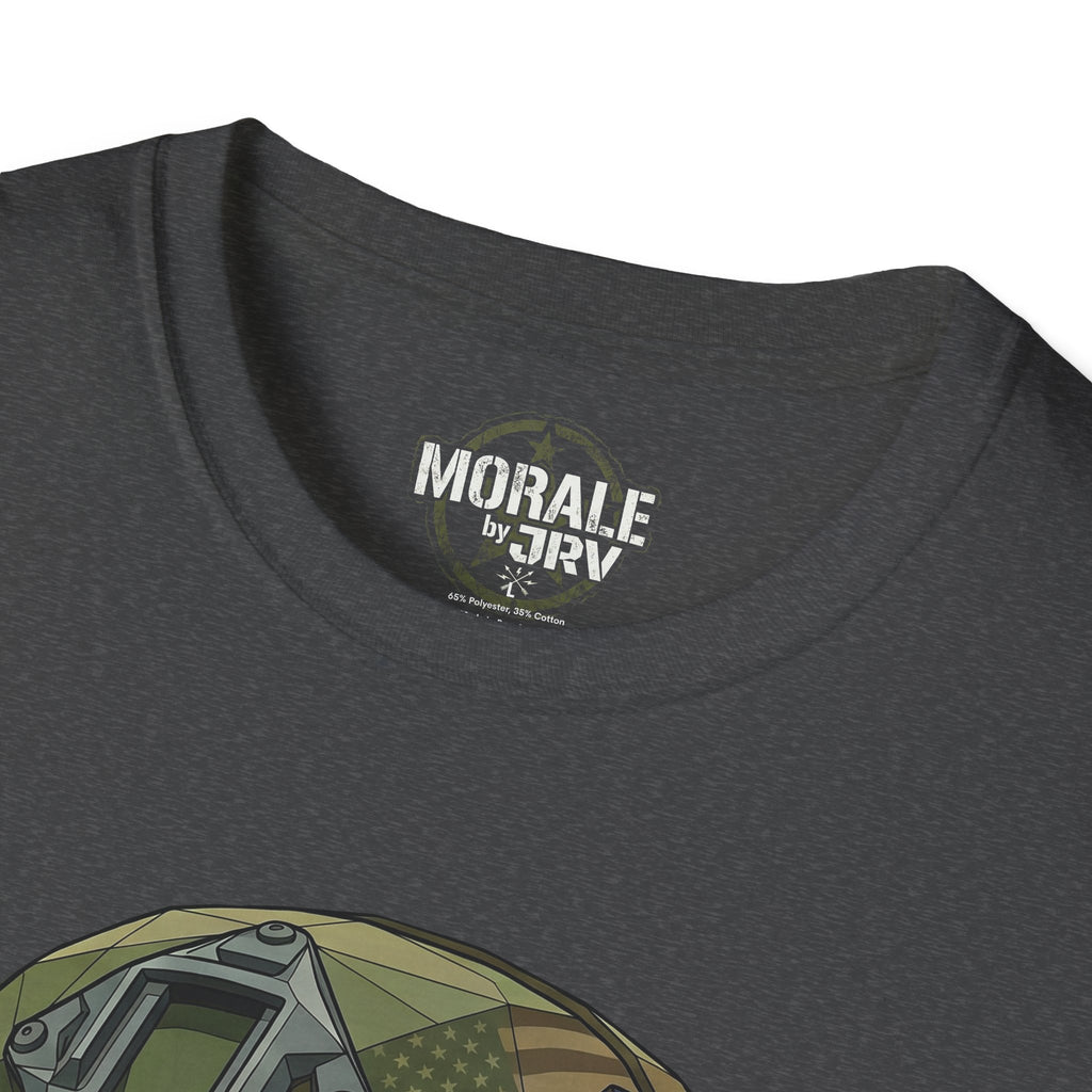 Skull in military helmet T-shirt, dark heather grey—MORALE by TRV neck print