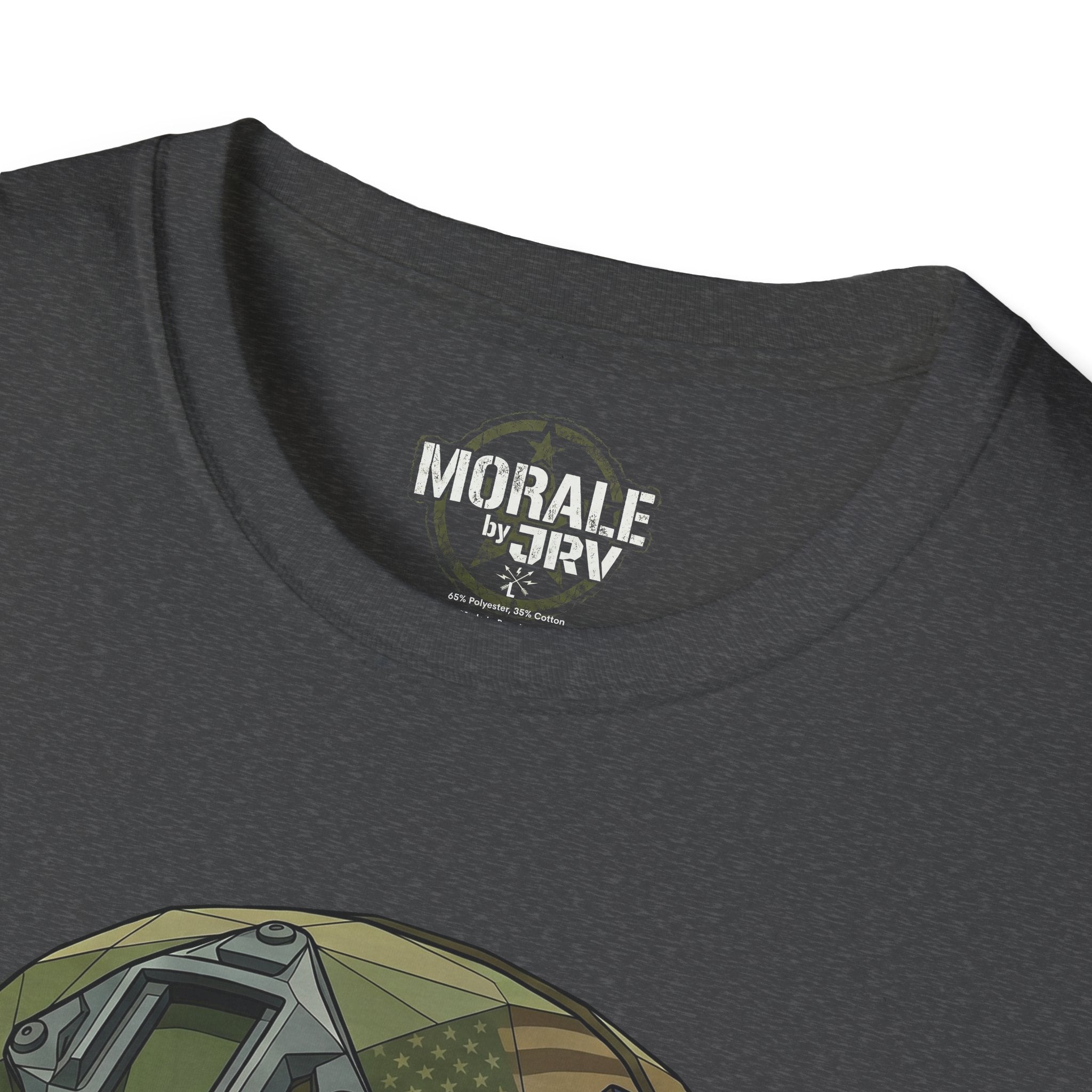 Skull in military helmet T-shirt, dark heather grey—MORALE by TRV neck print