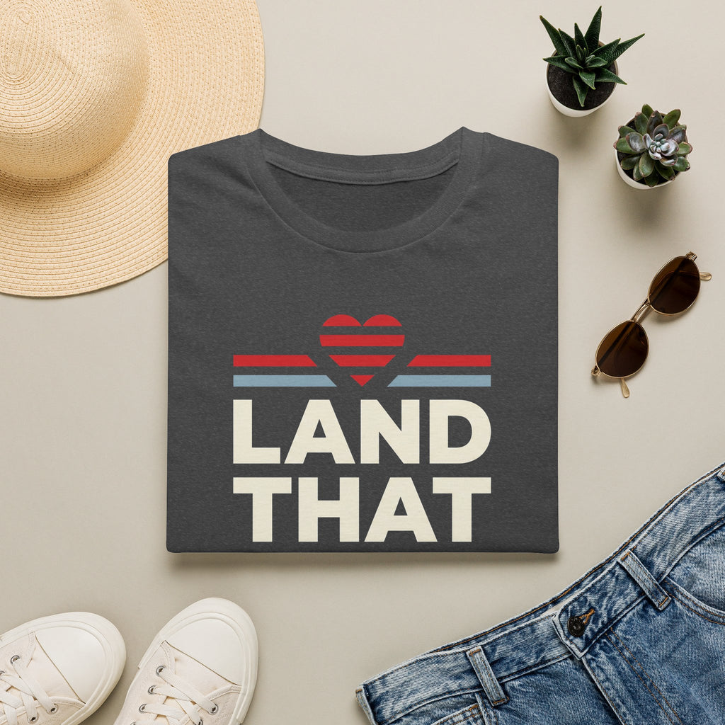 Dark gray unisex T-shirt with retro heart graphic and text 'LAND THAT'