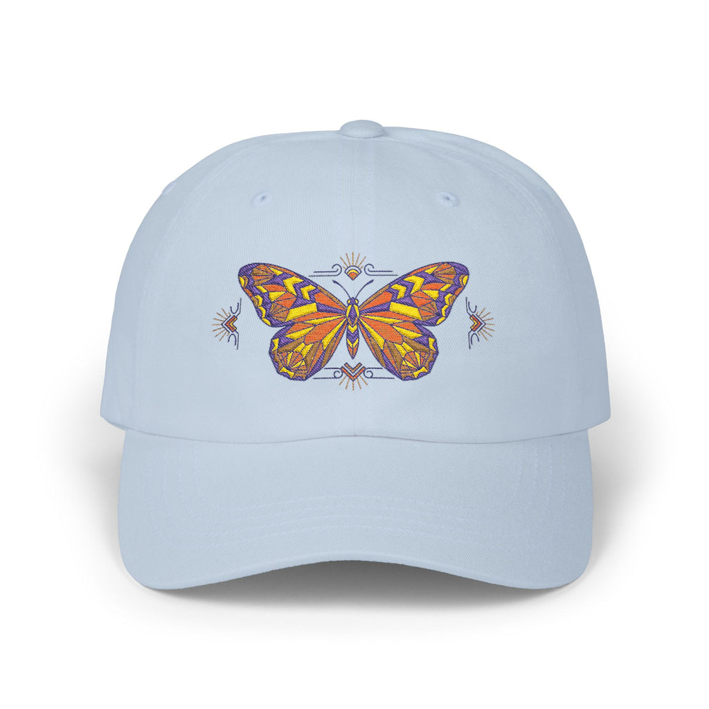Light blue dad cap with colorful butterfly-moth embroidery on the front panel