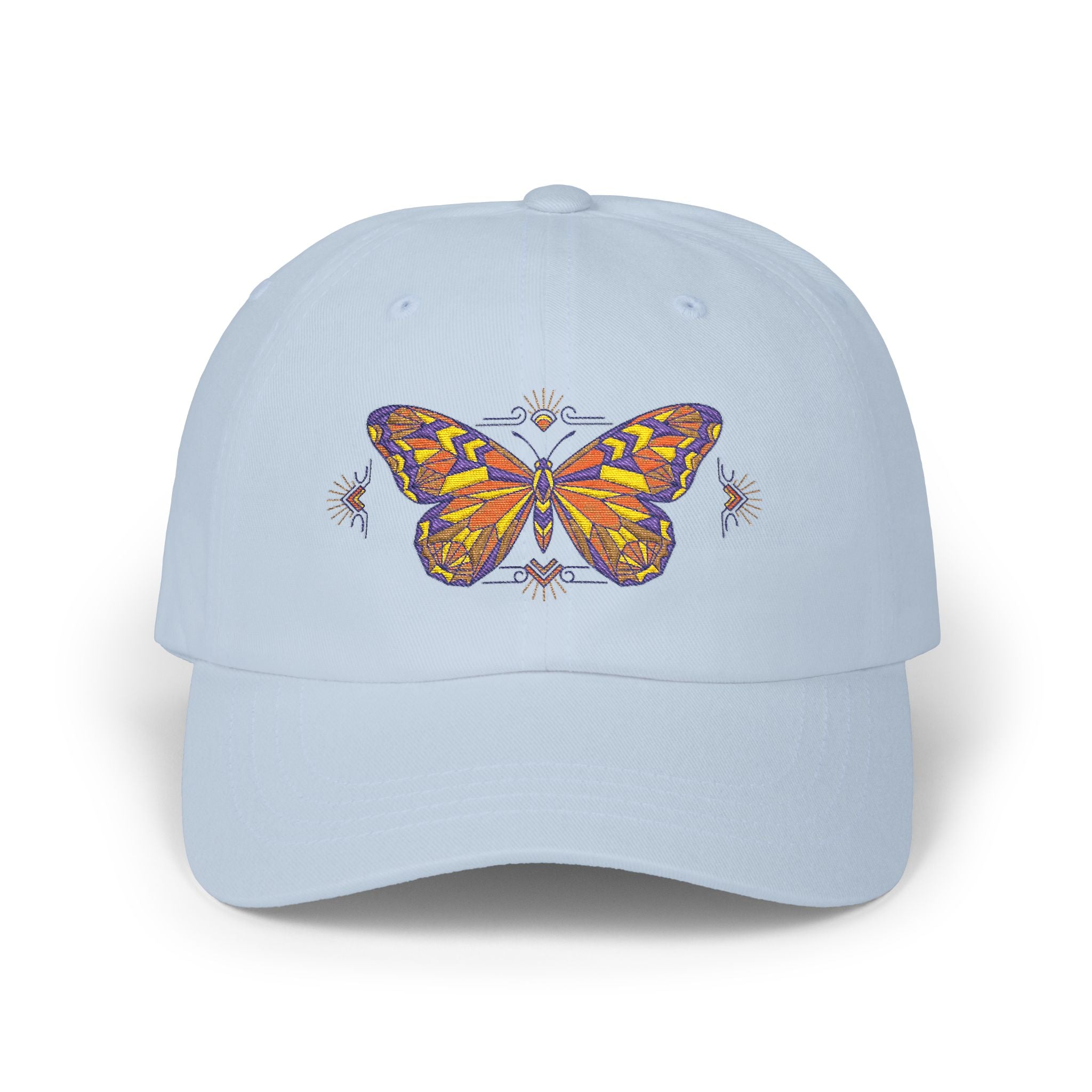 Light blue dad cap with colorful butterfly-moth embroidery on the front panel