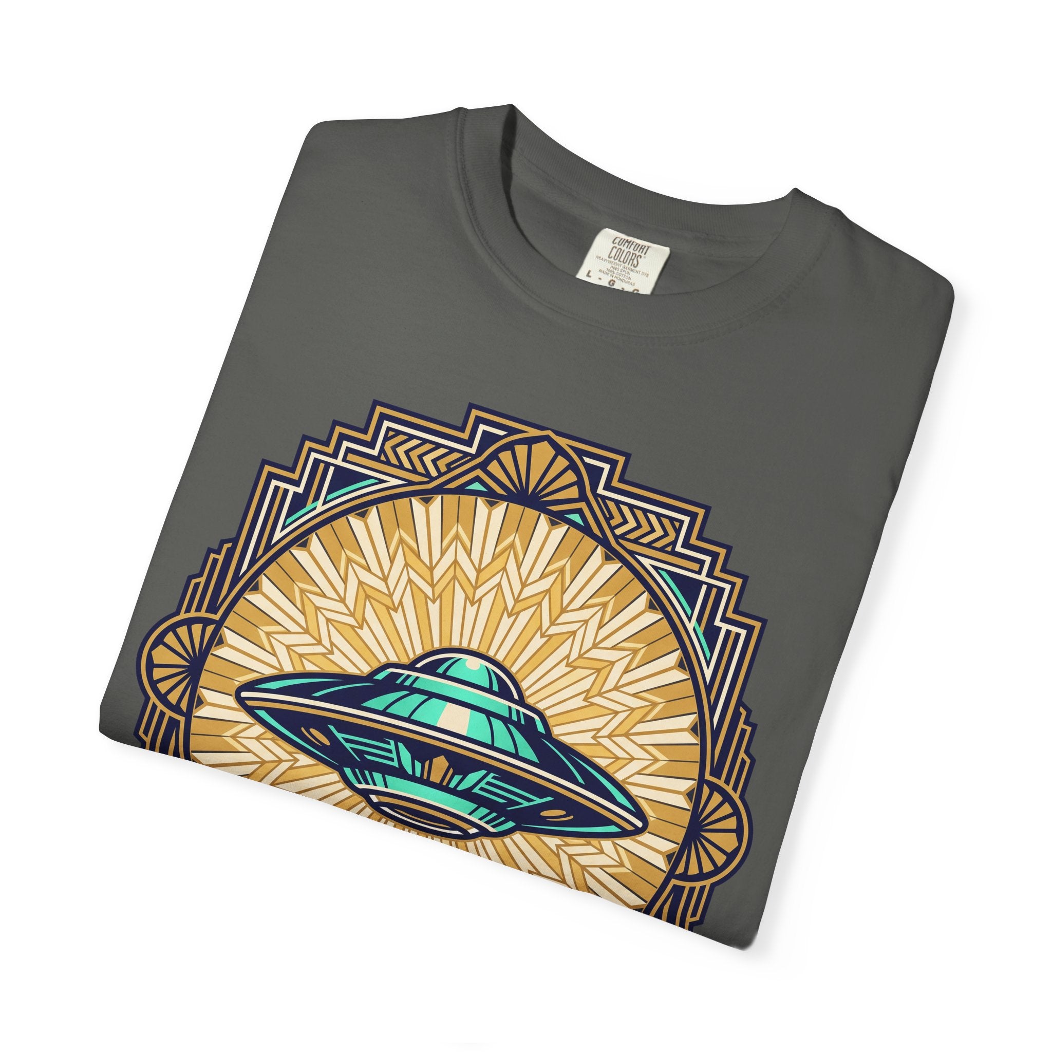 Dark gray crew-neck t-shirt with retro UFO graphic over a golden sunburst.