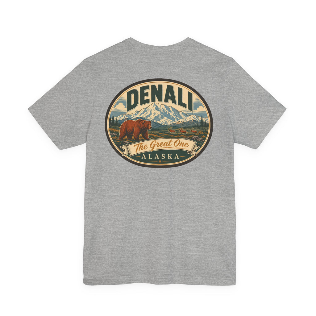 Dark grey heather crewneck T-shirt with Denali Great One round graphic