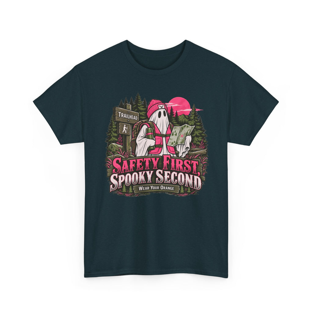 Safety First Spooky Second T-Shirt, Funny Ghost Hiker Halloween Shirt for Men and Women, Camping Trail Graphic Tee