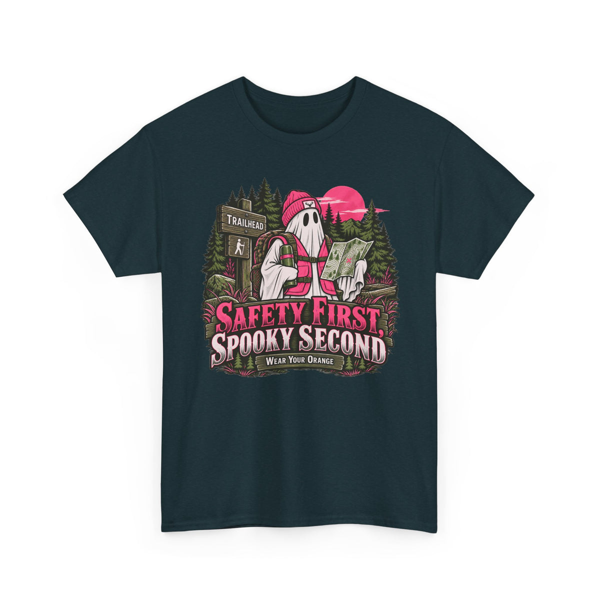 Safety First Spooky Second T-Shirt, Funny Ghost Hiker Halloween Shirt for Men and Women, Camping Trail Graphic Tee