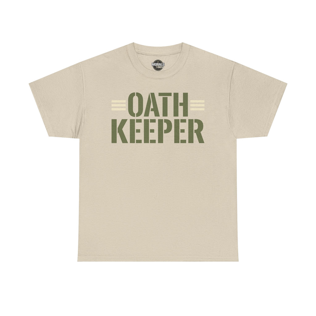 Sand/beige T-shirt with crew neck and large "OATH KEEPER" front graphic print