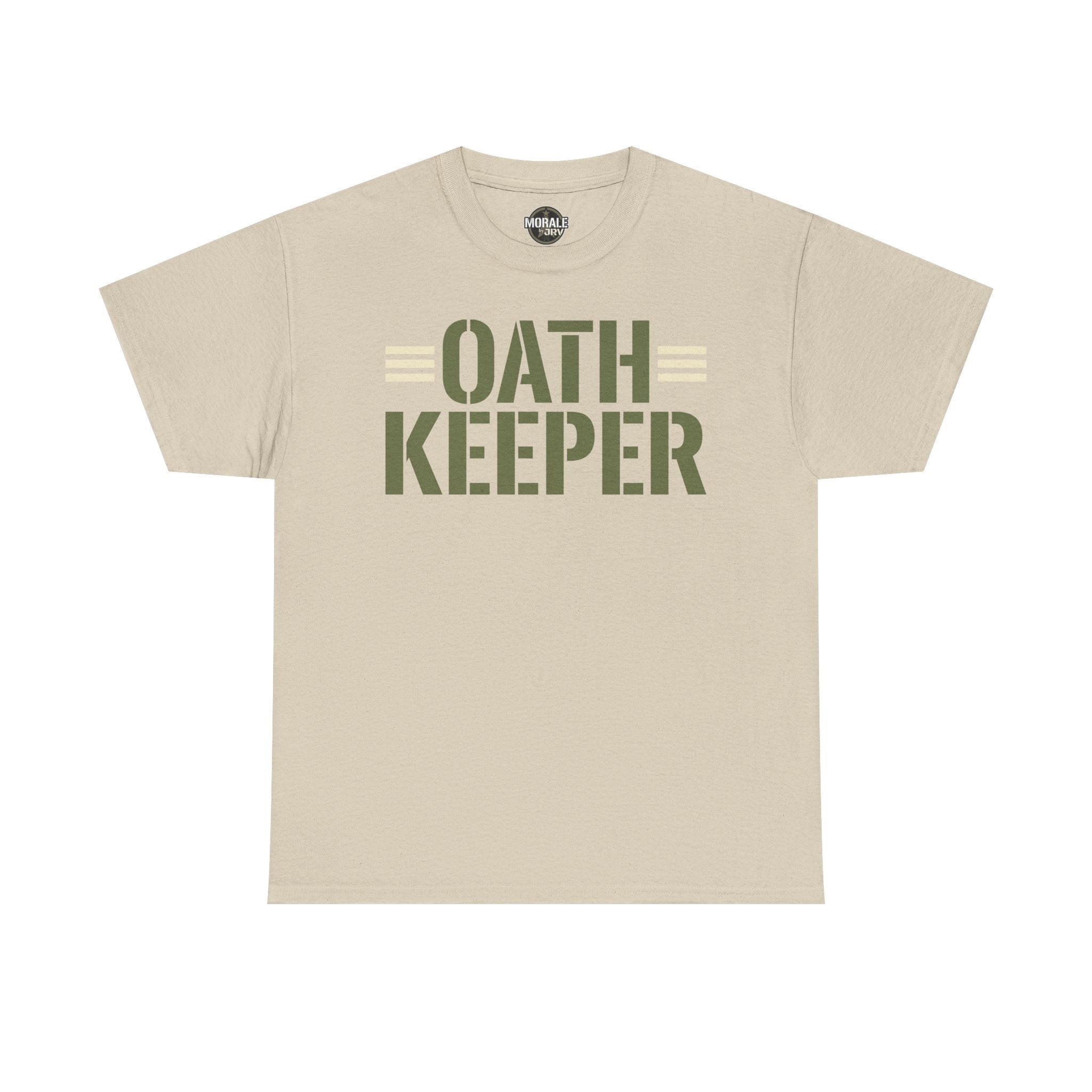Sand/beige T-shirt with crew neck and large "OATH KEEPER" front graphic print