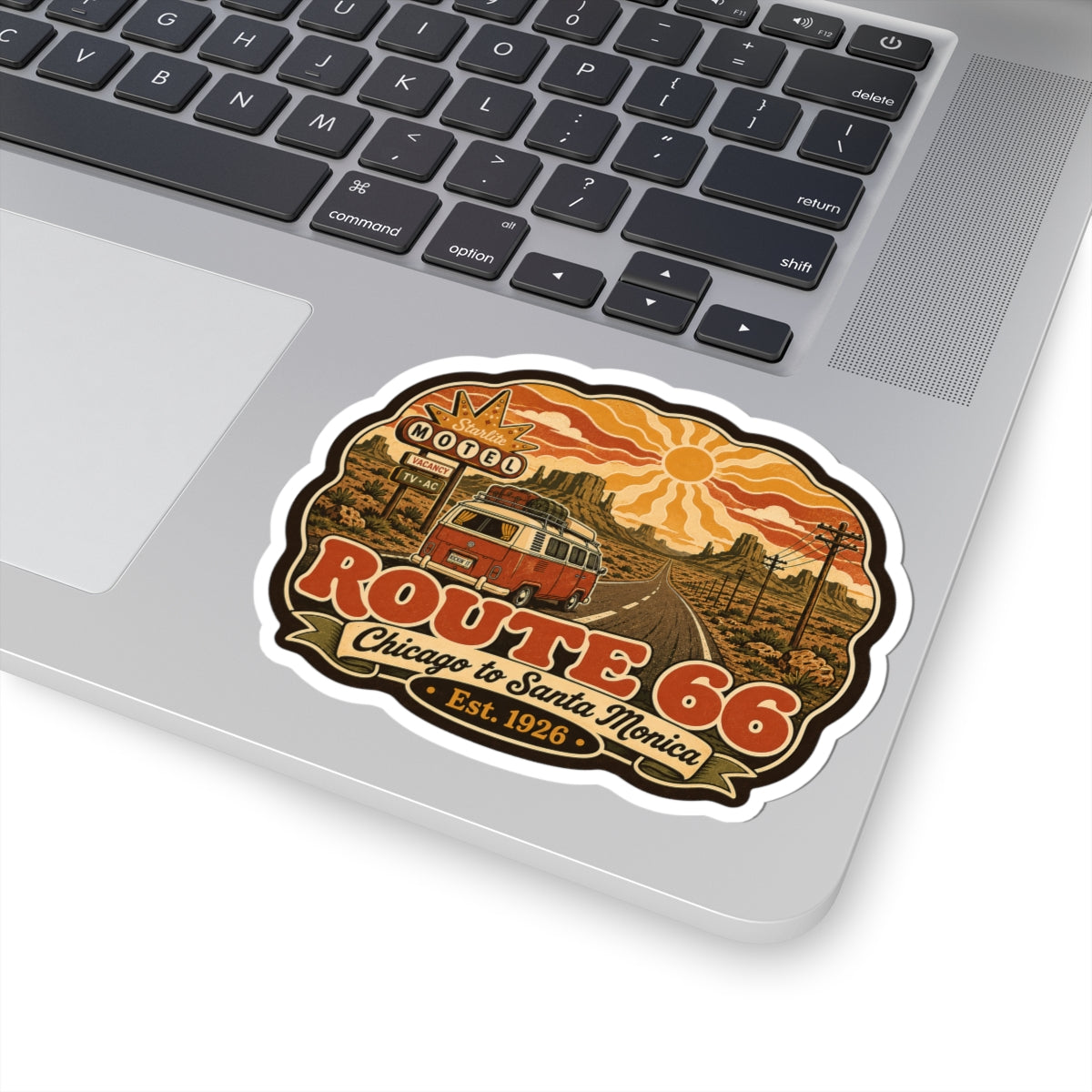 Route 66 sticker decal with red van, Motel sign, and Chicago to Santa Monica Est. 1926