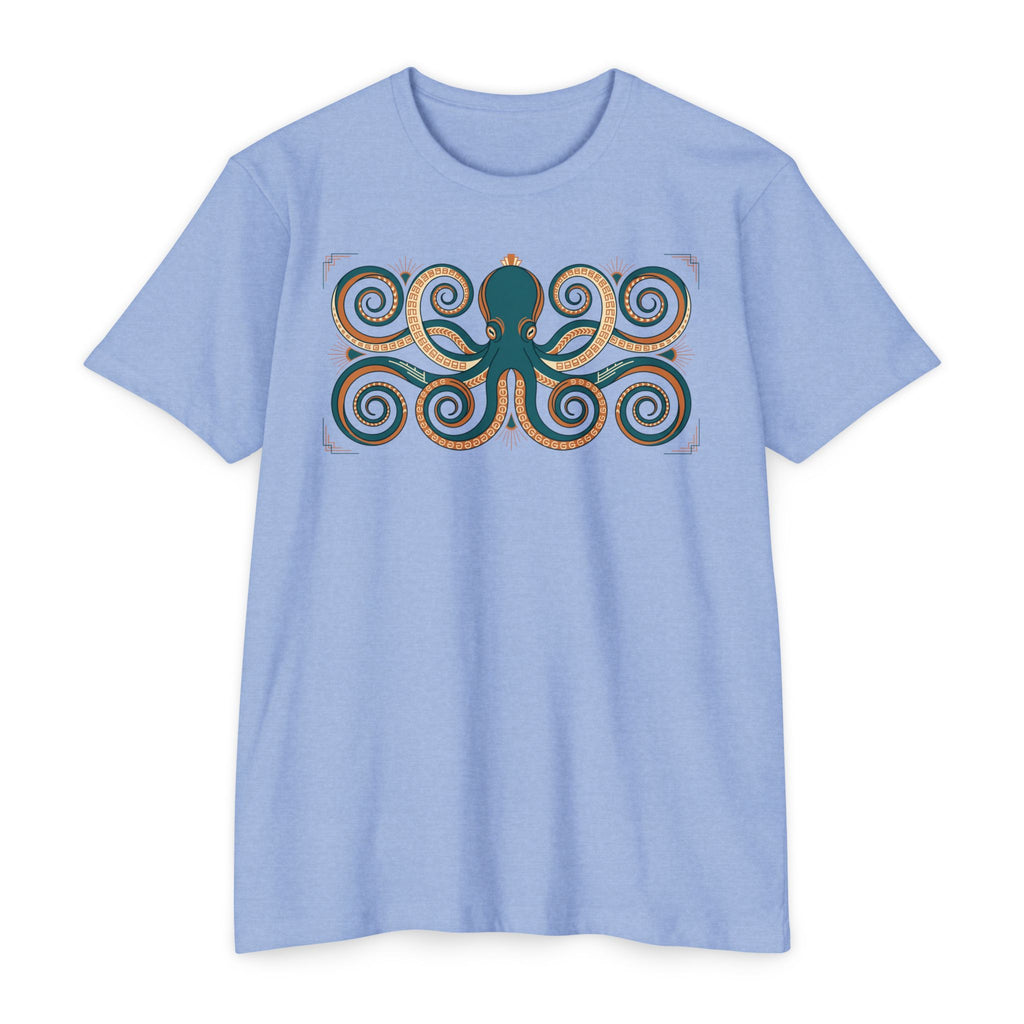 Teal swirl octopus graphic T-shirt, short-sleeve crew neck in light blue