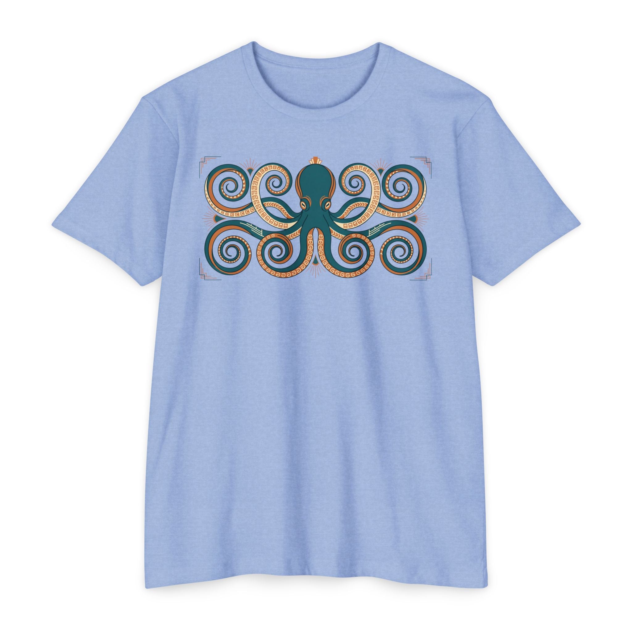 Teal swirl octopus graphic T-shirt, short-sleeve crew neck in light blue
