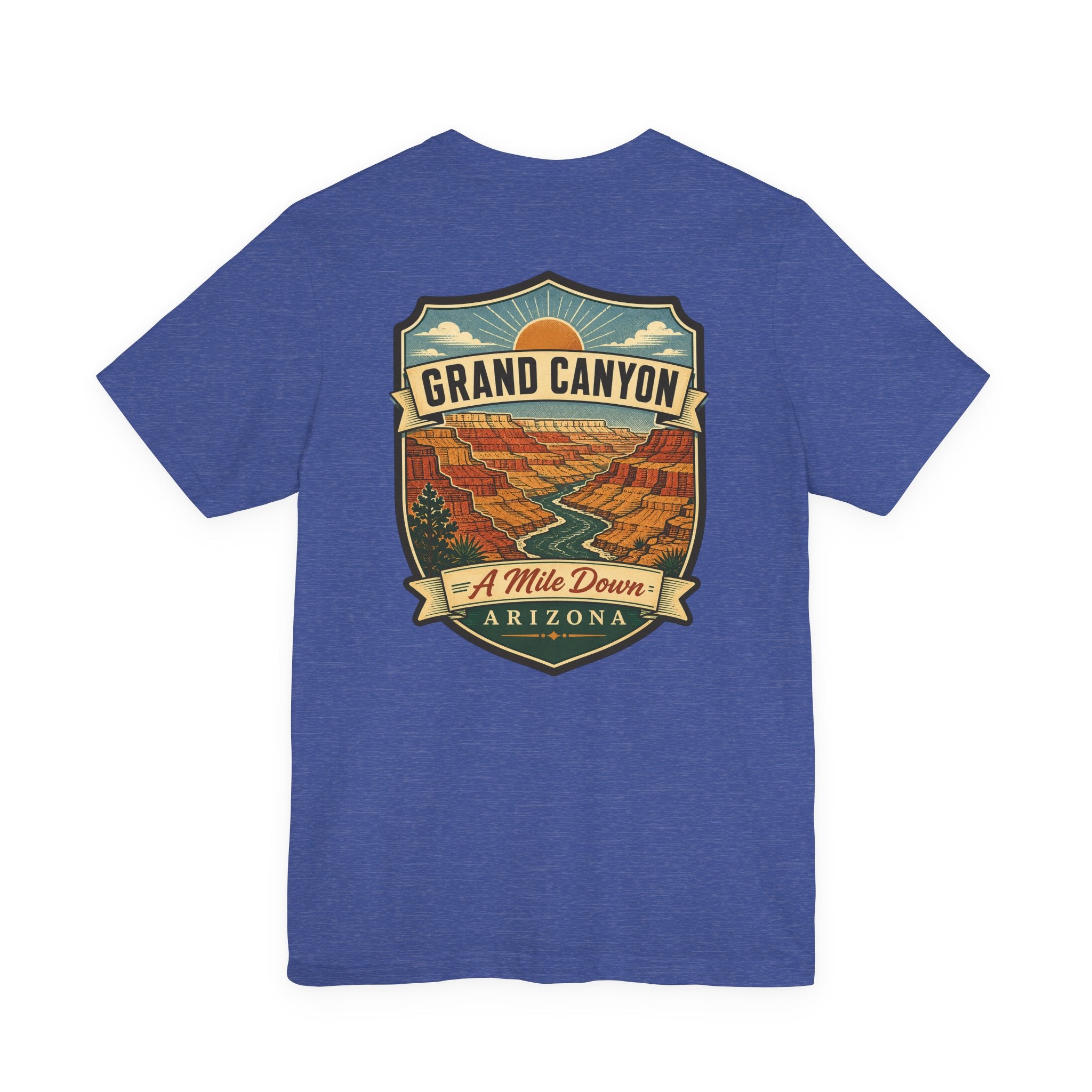 Blue crew-neck t-shirt with large Grand Canyon scenic graphic and banner text.
