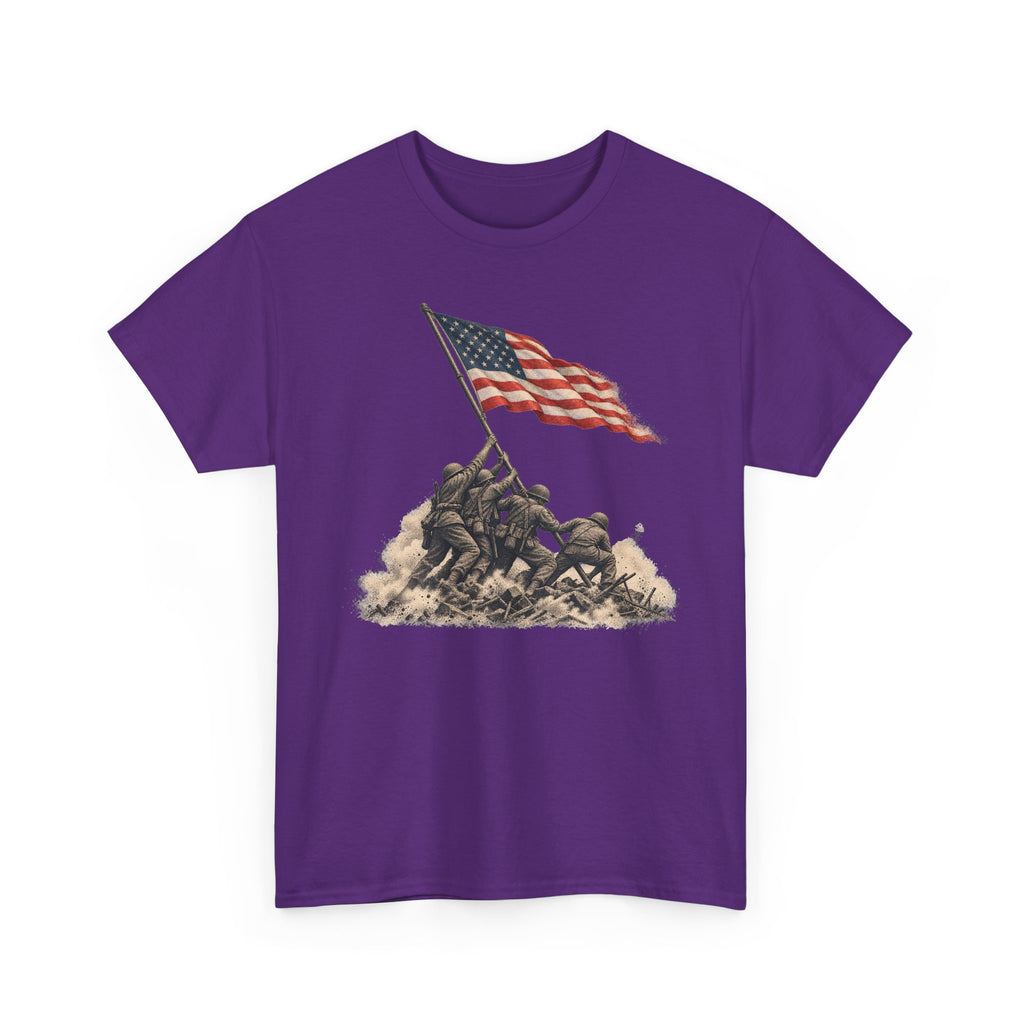 Purple graphic T-shirt with waving American flag over raised battle scene