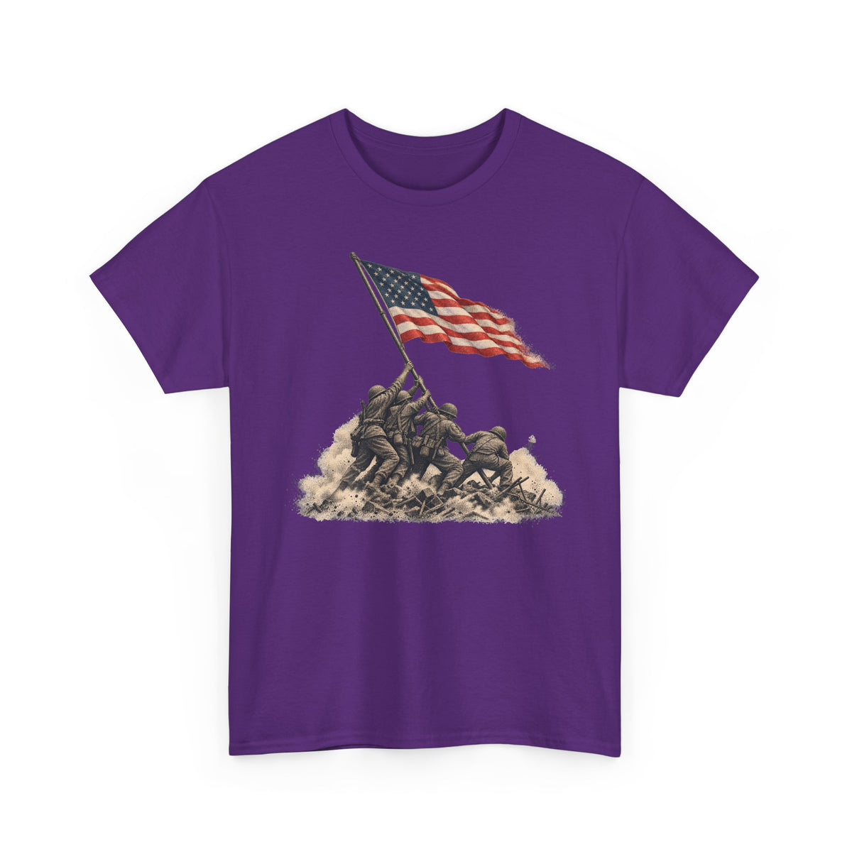 Purple graphic T-shirt with waving American flag over raised battle scene
