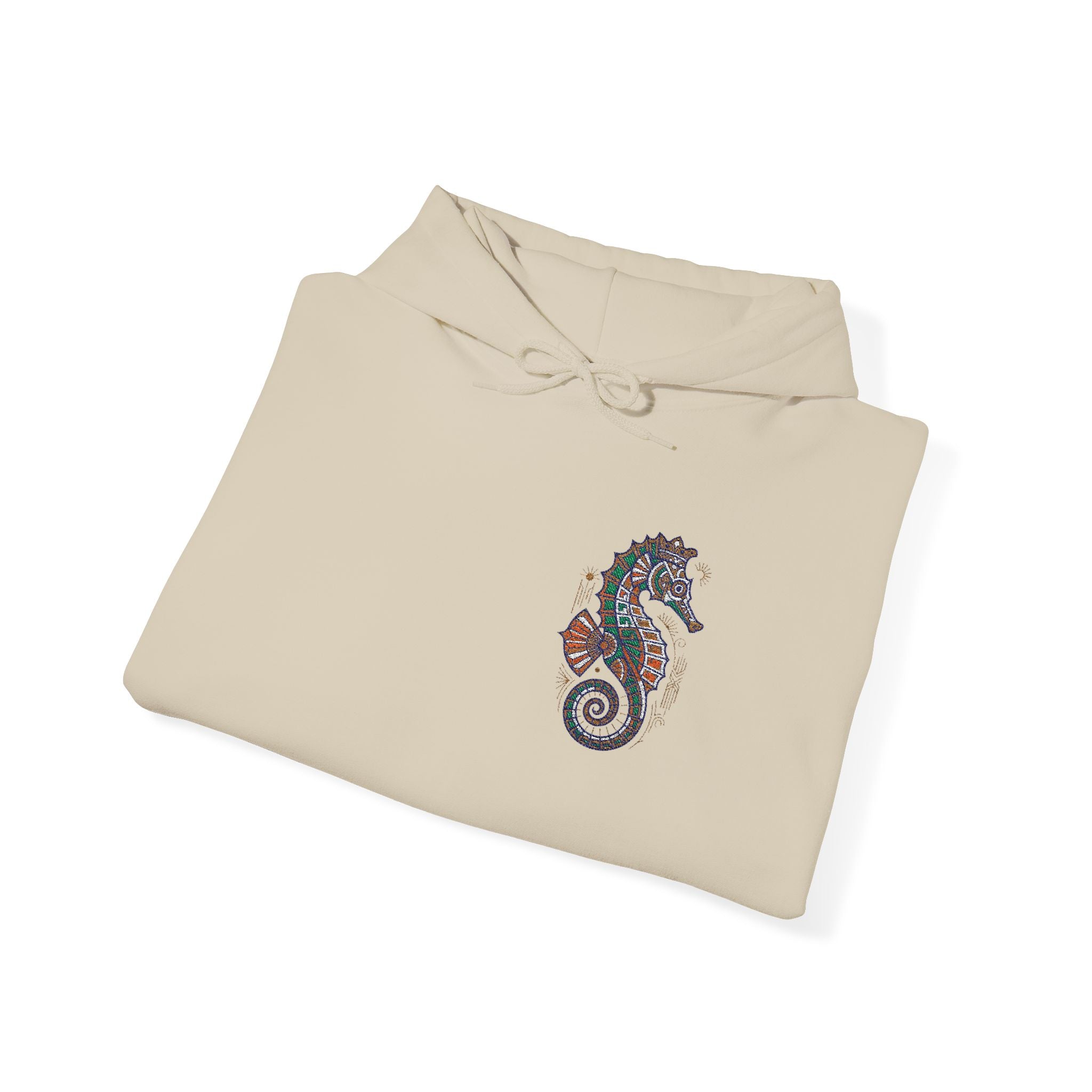 Light beige hoodie sweatshirt with drawstring hood and colorful seahorse graphic on chest