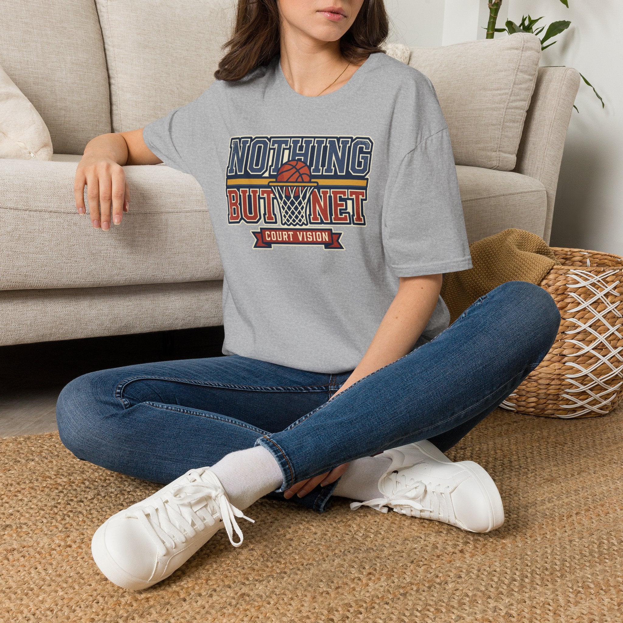 Light gray T-shirt with “NOTHING BUT NET” basketball net graphic across the chest.