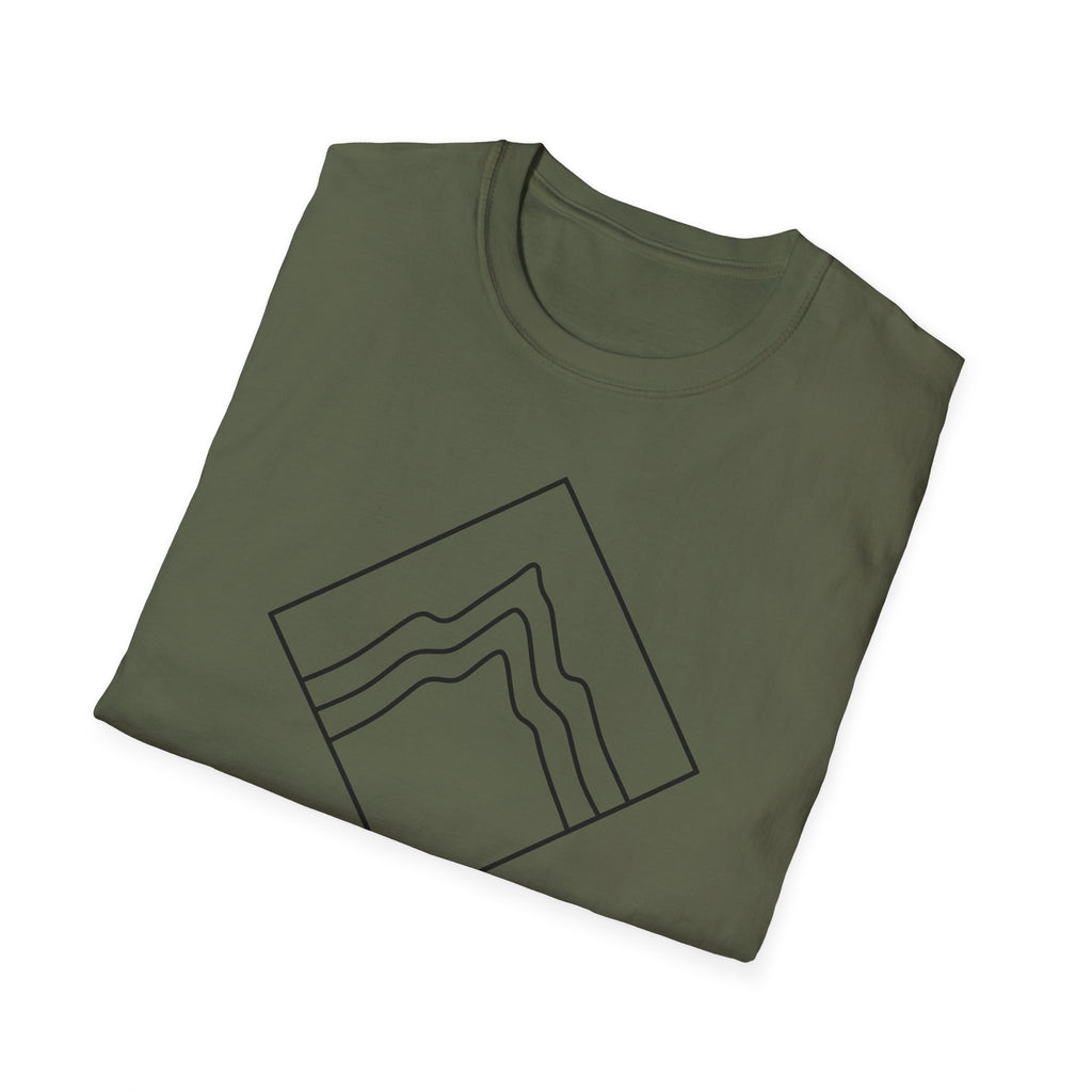 Olive green unisex T-shirt with outlined mountain graphic on front
