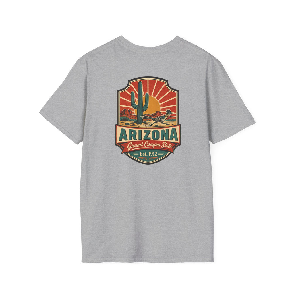 Heather gray t-shirt with Arizona desert badge logo and cactus graphic