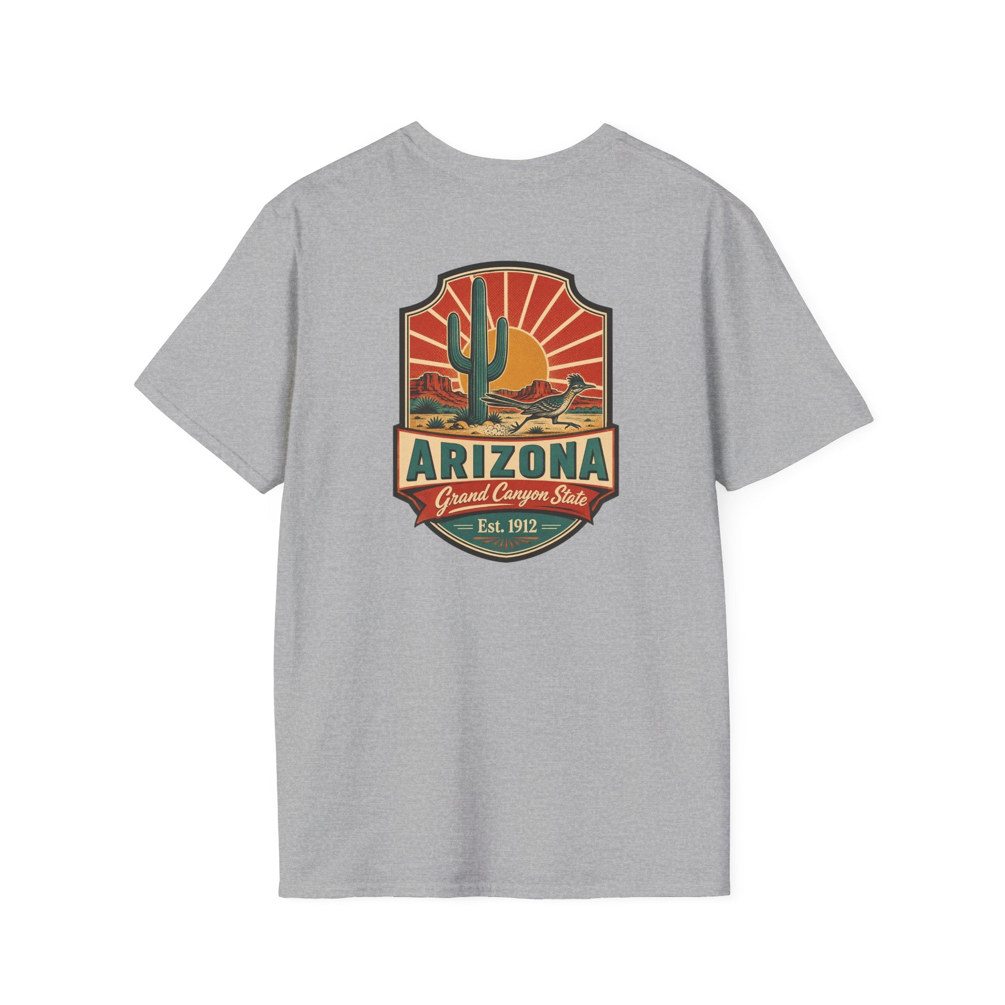 Heather gray t-shirt with Arizona desert badge logo and cactus graphic