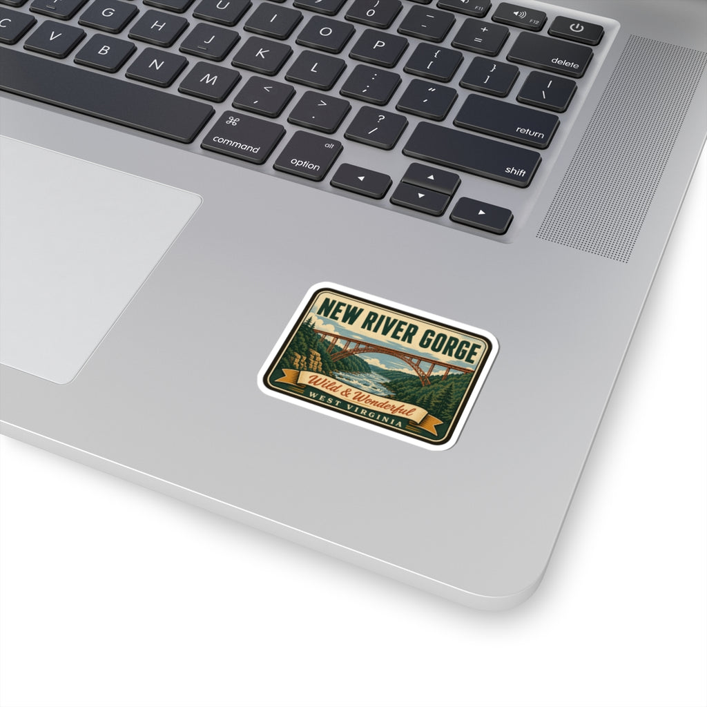 Mid-century travel sticker with New River Gorge scenic bridge design