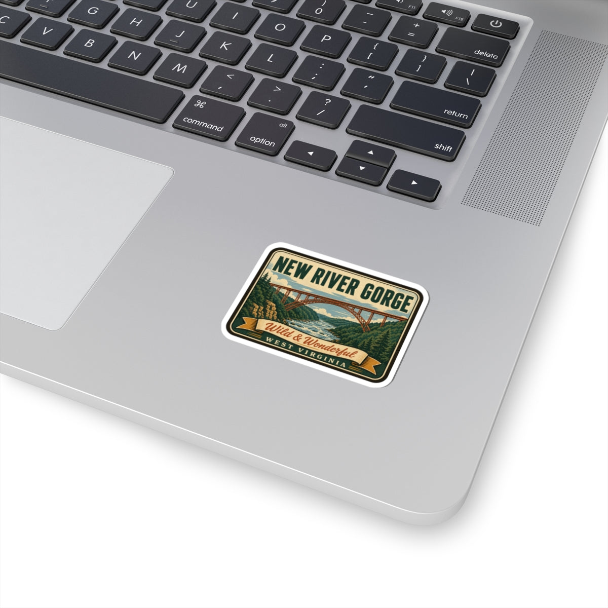 Mid-century travel sticker with New River Gorge scenic bridge design