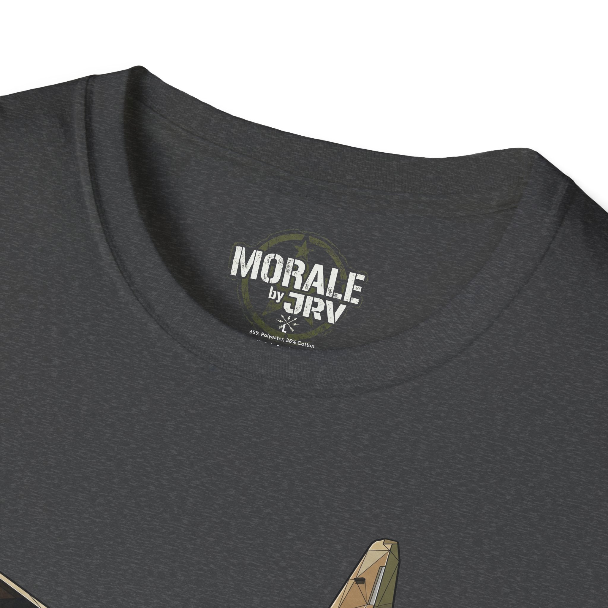 Dark Heather T-shirt collar logo print and top of plane graphic