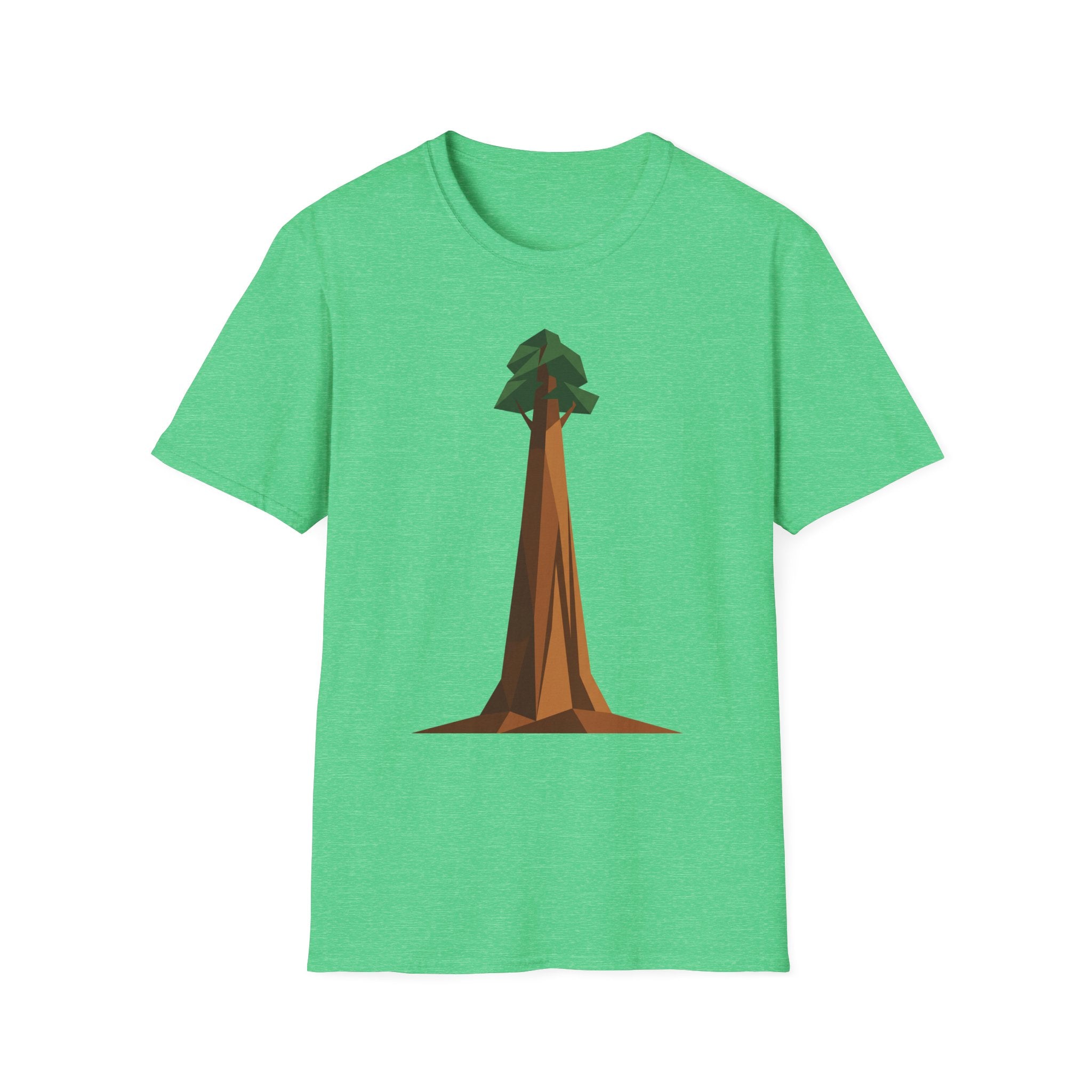 Geometric tree T-shirt, bright green base with low-poly redwood graphic on front