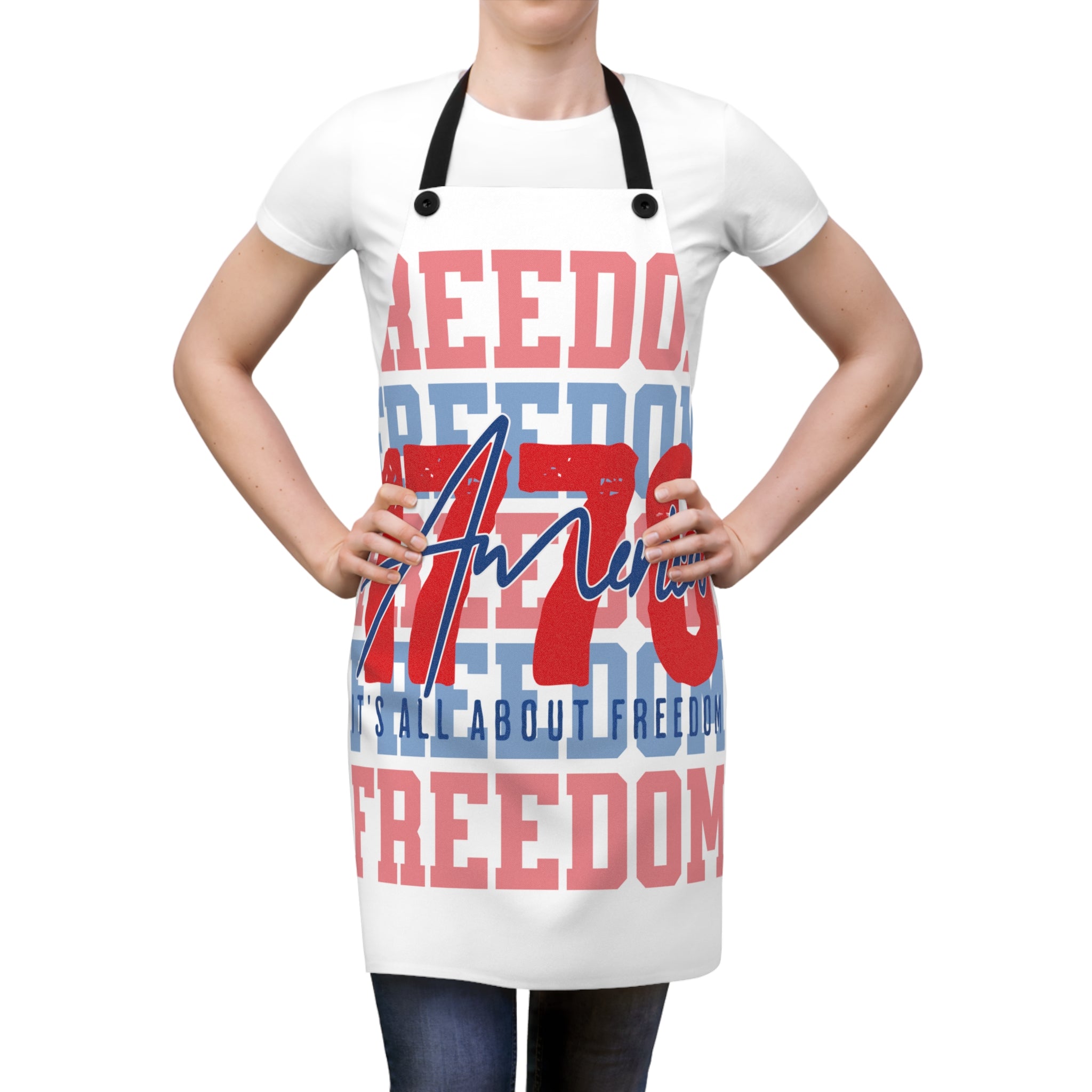 Patriotic white apron with black straps and red-blue 'Freedom' print, worn by person