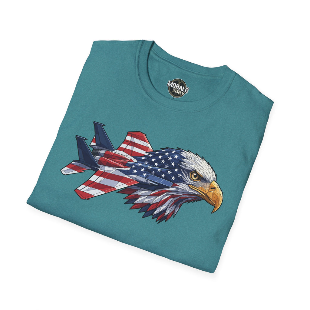 Heather military green T-shirt with bald eagle head and American flag plane graphic