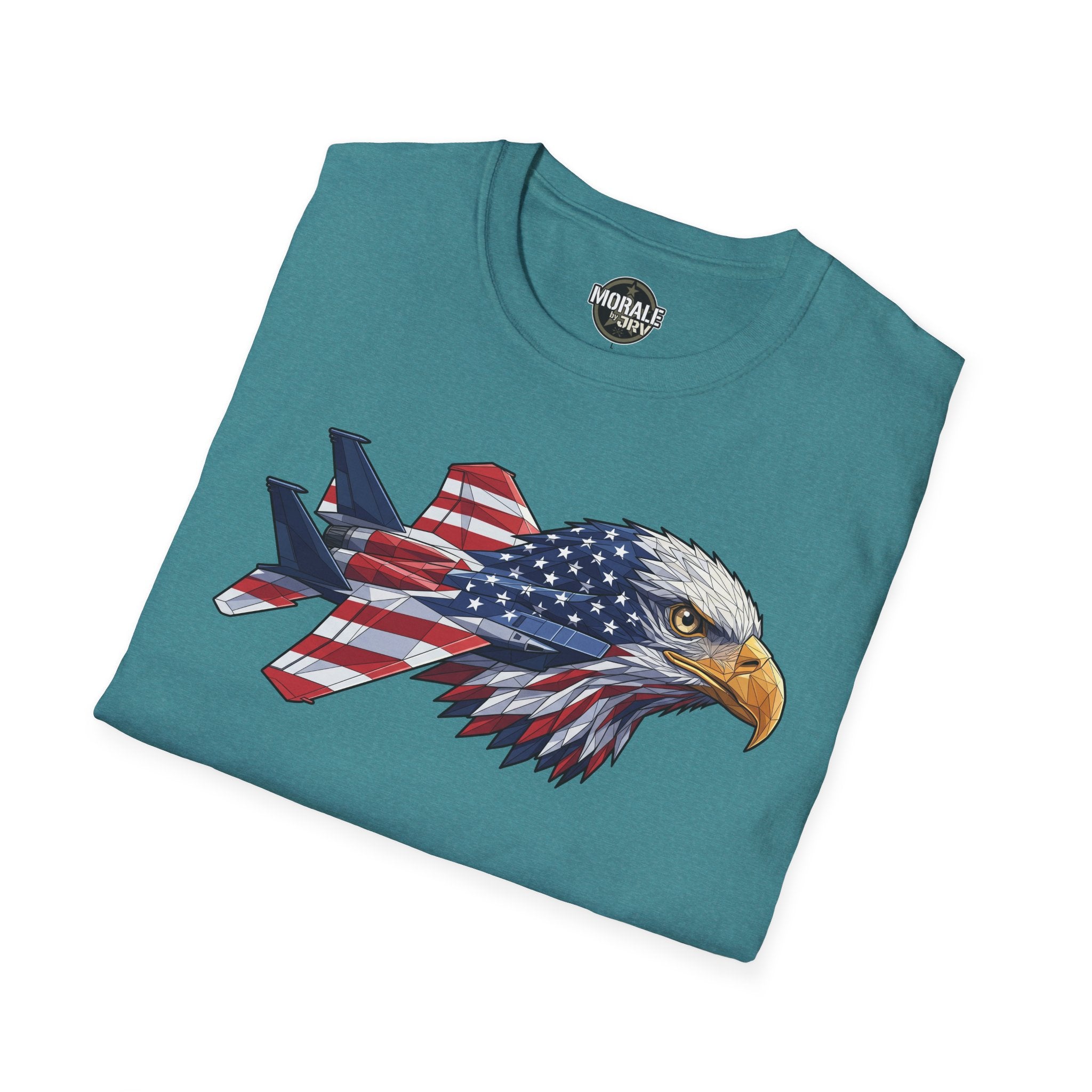 Heather military green T-shirt with bald eagle head and American flag plane graphic
