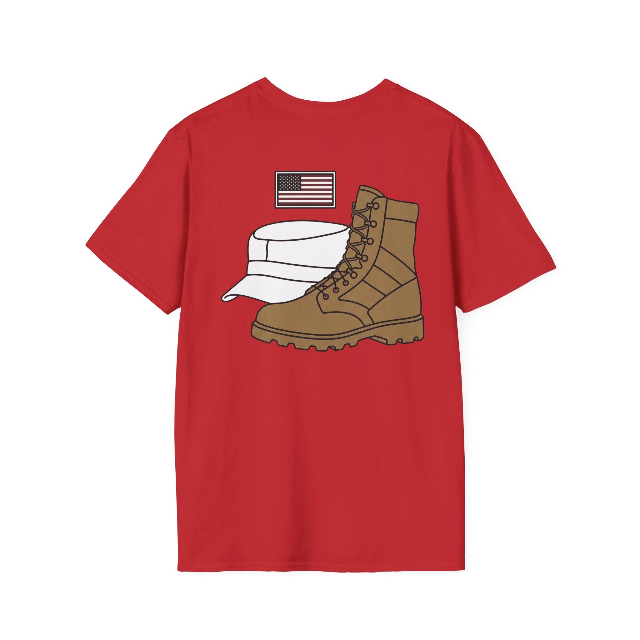 Red T-shirt with military boot and USA flag graphic on front
