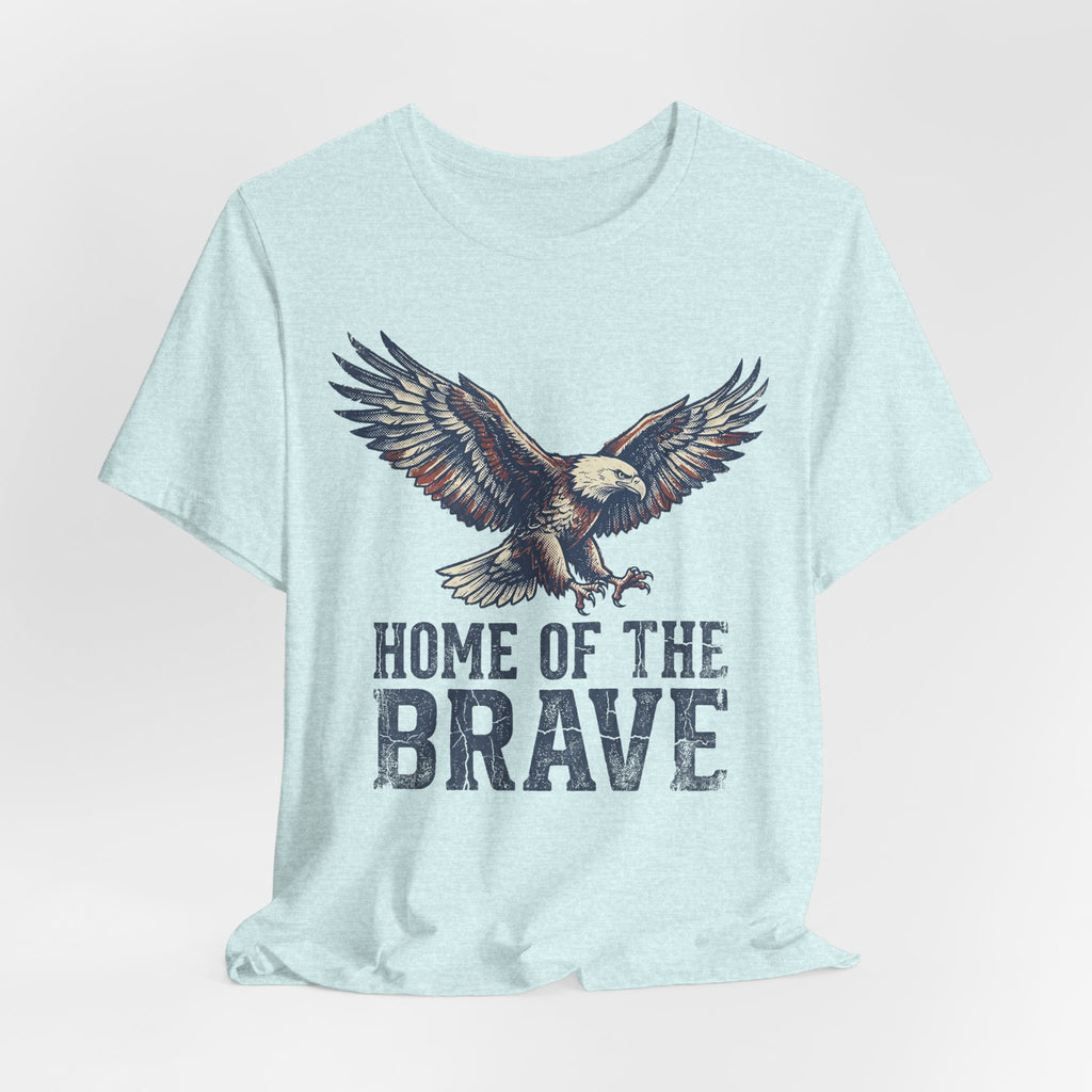 Light blue T-shirt with eagle graphic and "HOME OF THE BRAVE" text on front