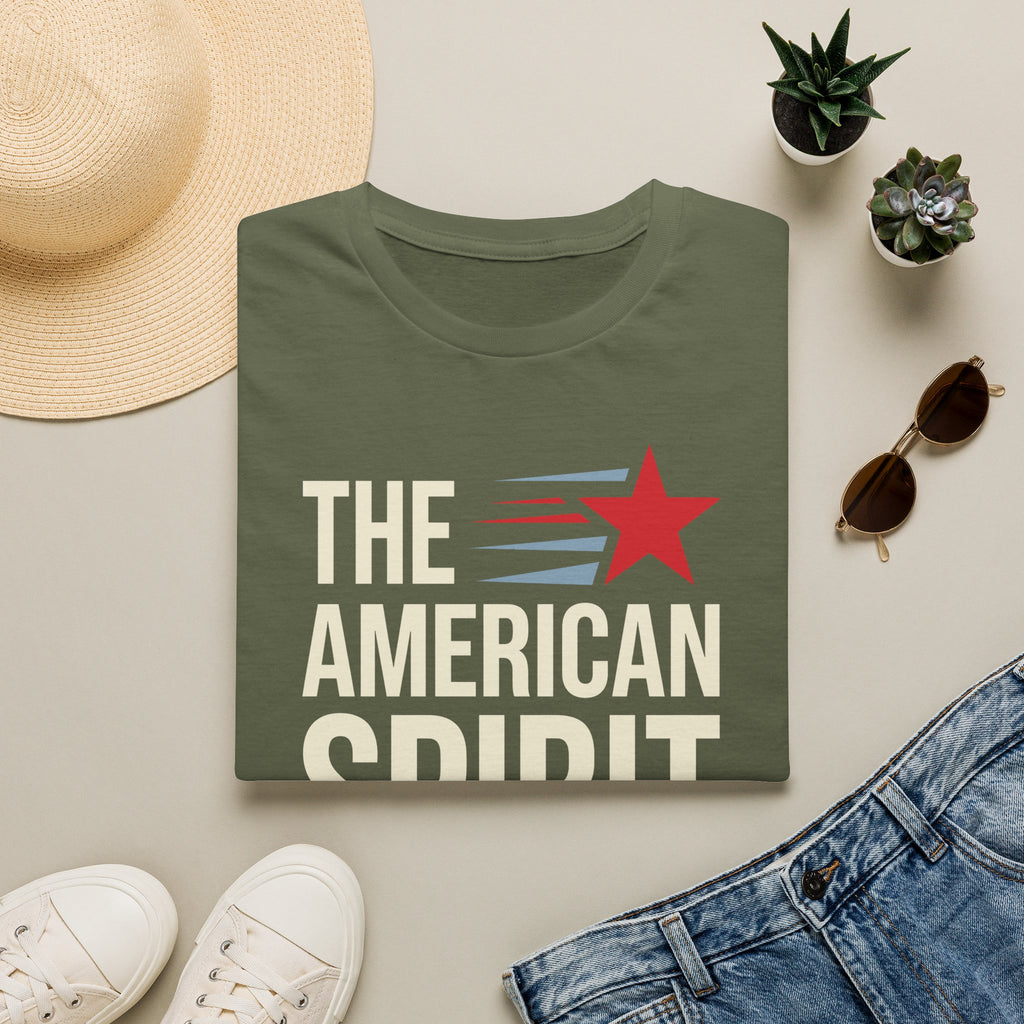 Patriotic graphic t-shirt in green with 'THE AMERICAN SPIRIT' and red star
