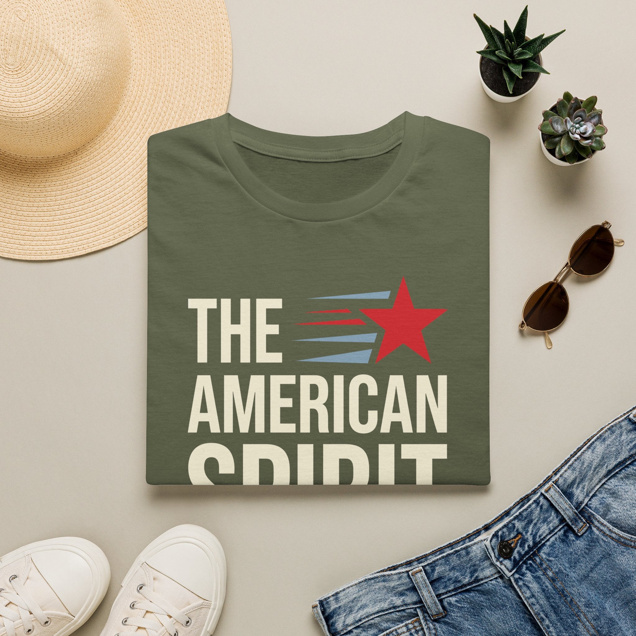 Patriotic graphic t-shirt in green with 'THE AMERICAN SPIRIT' and red star