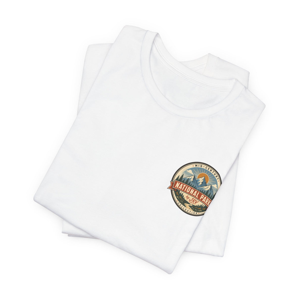 White graphic t-shirt with small National Park badge logo on chest