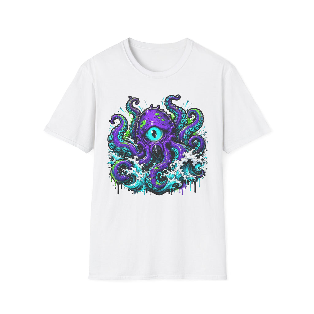 White crew-neck T-shirt featuring a purple cyclops octopus graphic