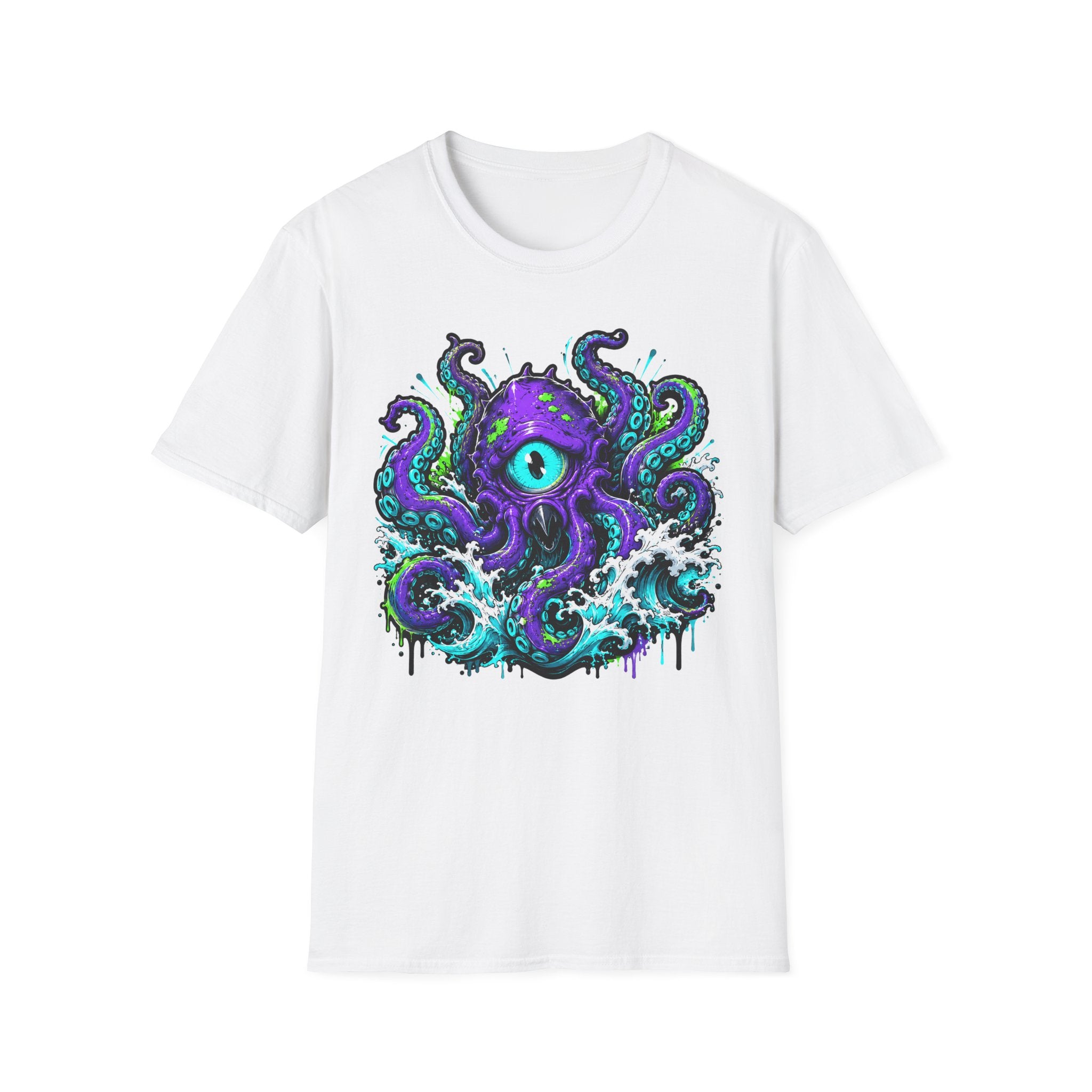 White crew-neck T-shirt featuring a purple cyclops octopus graphic