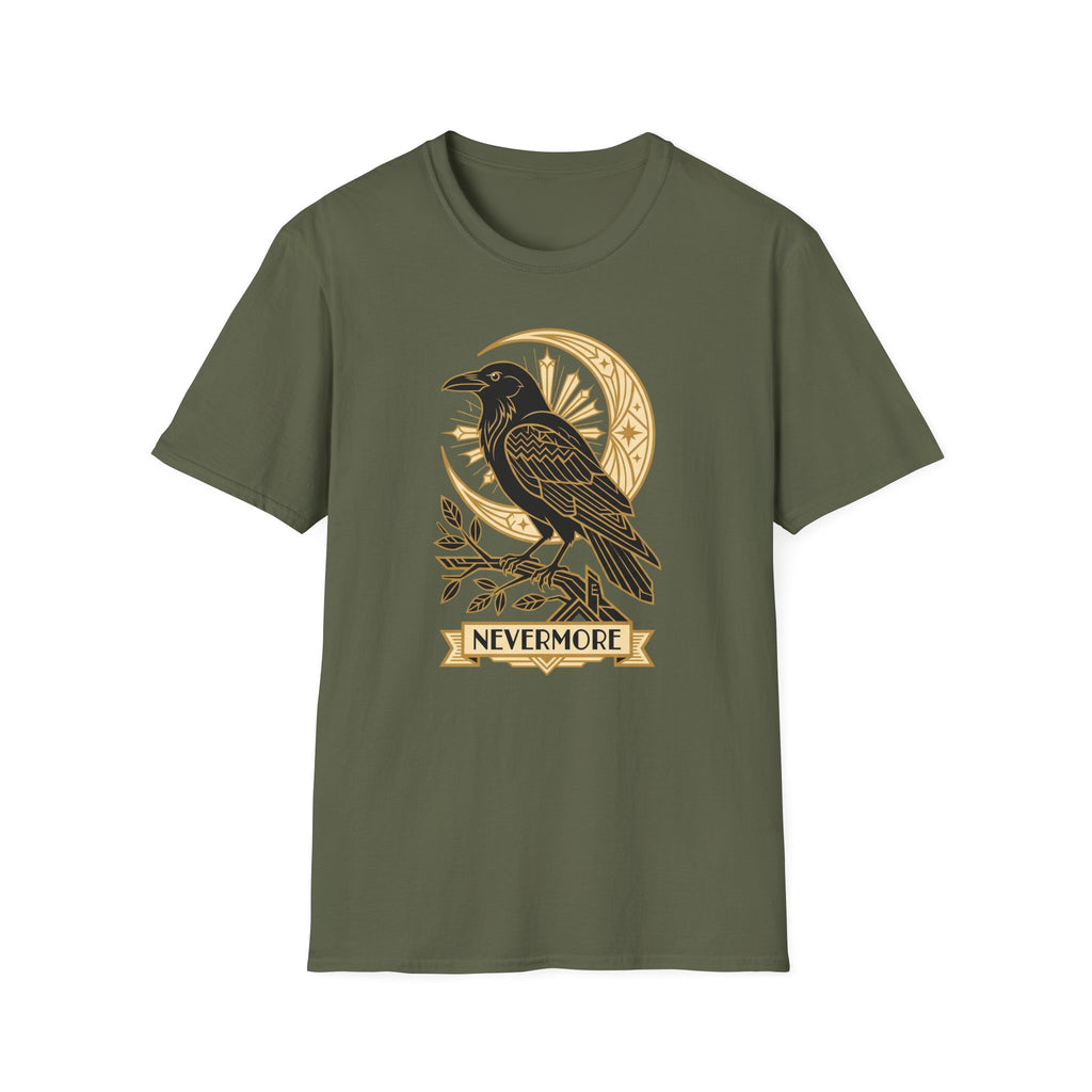 Olive green raven graphic T-shirt with gold crescent moon and Nevermore text
