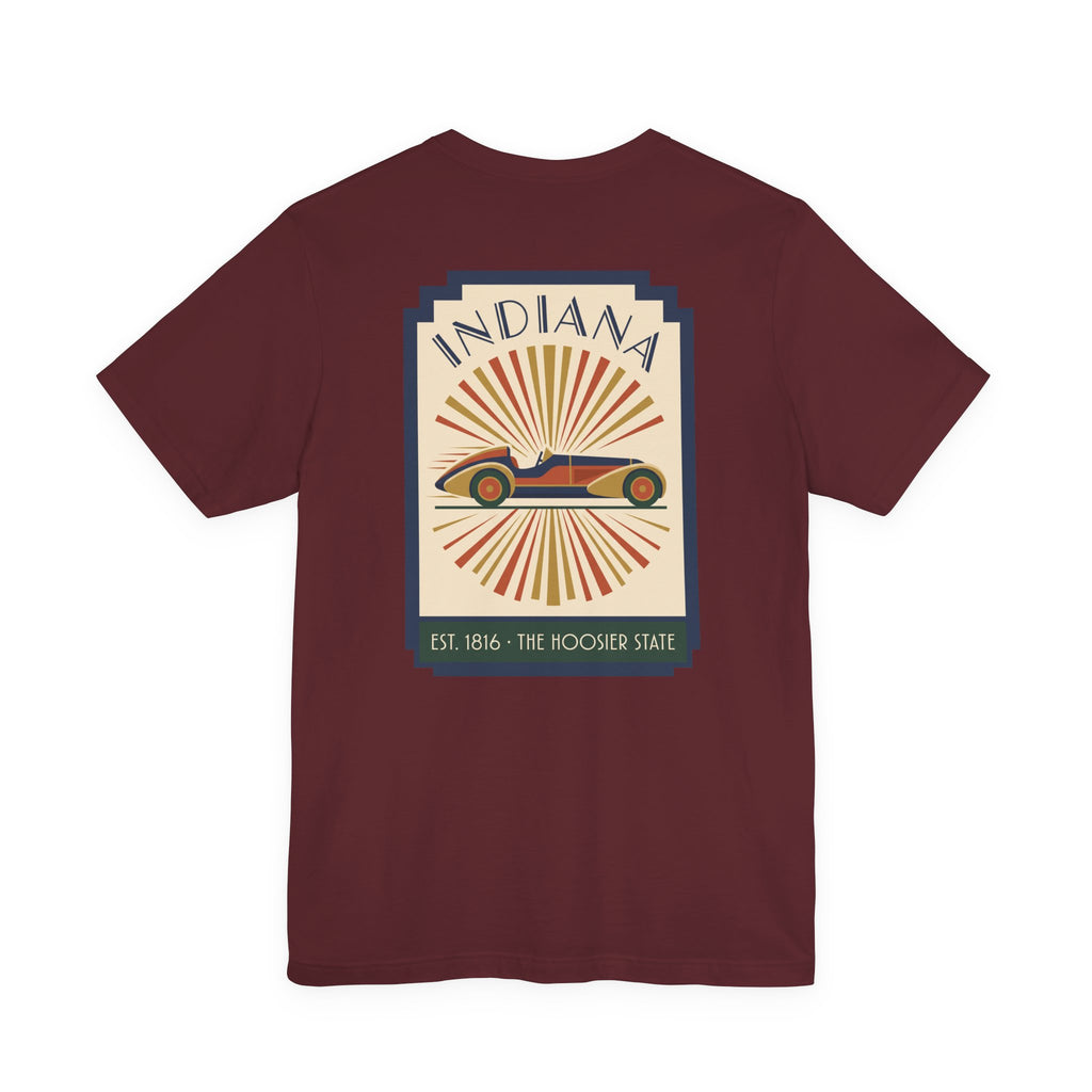 Maroon graphic T-shirt with vintage Indiana racecar emblem on front