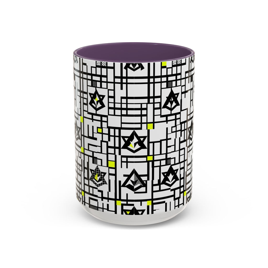 Accent coffee mug with geometric grid and star pattern, purple interior and rim, base view