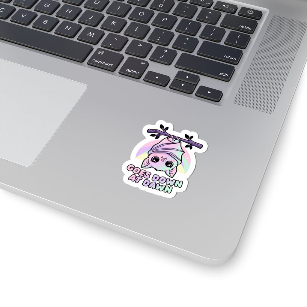 Kiss-cut vinyl sticker with cute pastel bat character illustration on white backing
