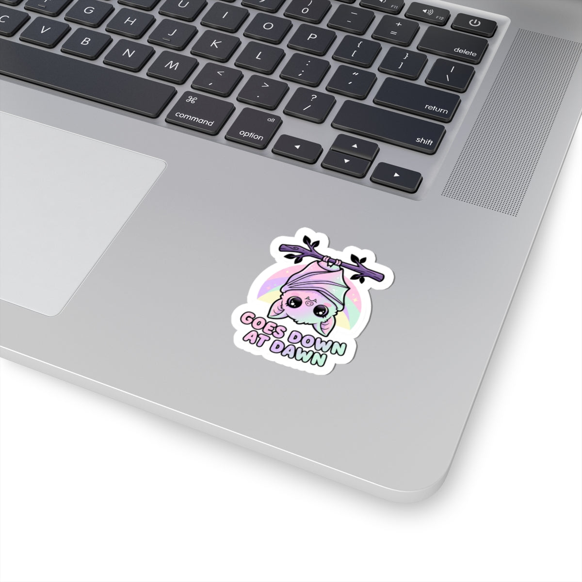 Kiss-cut vinyl sticker with cute pastel bat character illustration on white backing
