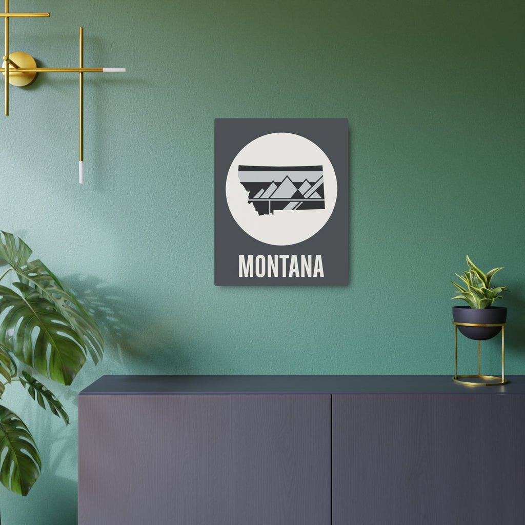 Montana metal wall art sign featuring mountain landscape icon, gray square backing