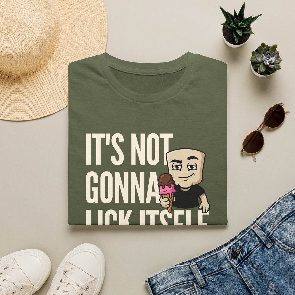 Olive green T-shirt with 'IT'S NOT GONNA' text and cartoon ice cream character.
