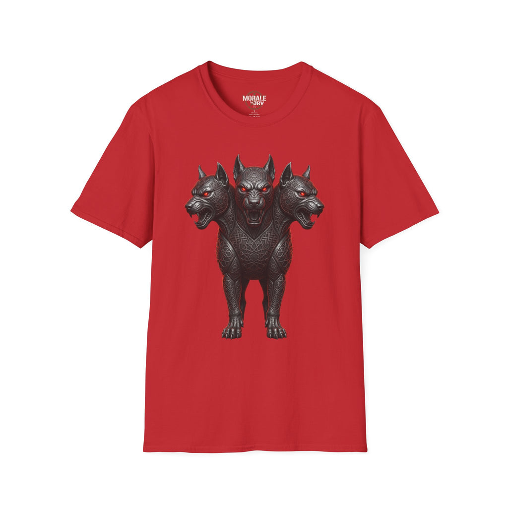 Red three-headed Cerberus dog T-shirt, three-head gothic graphic on front