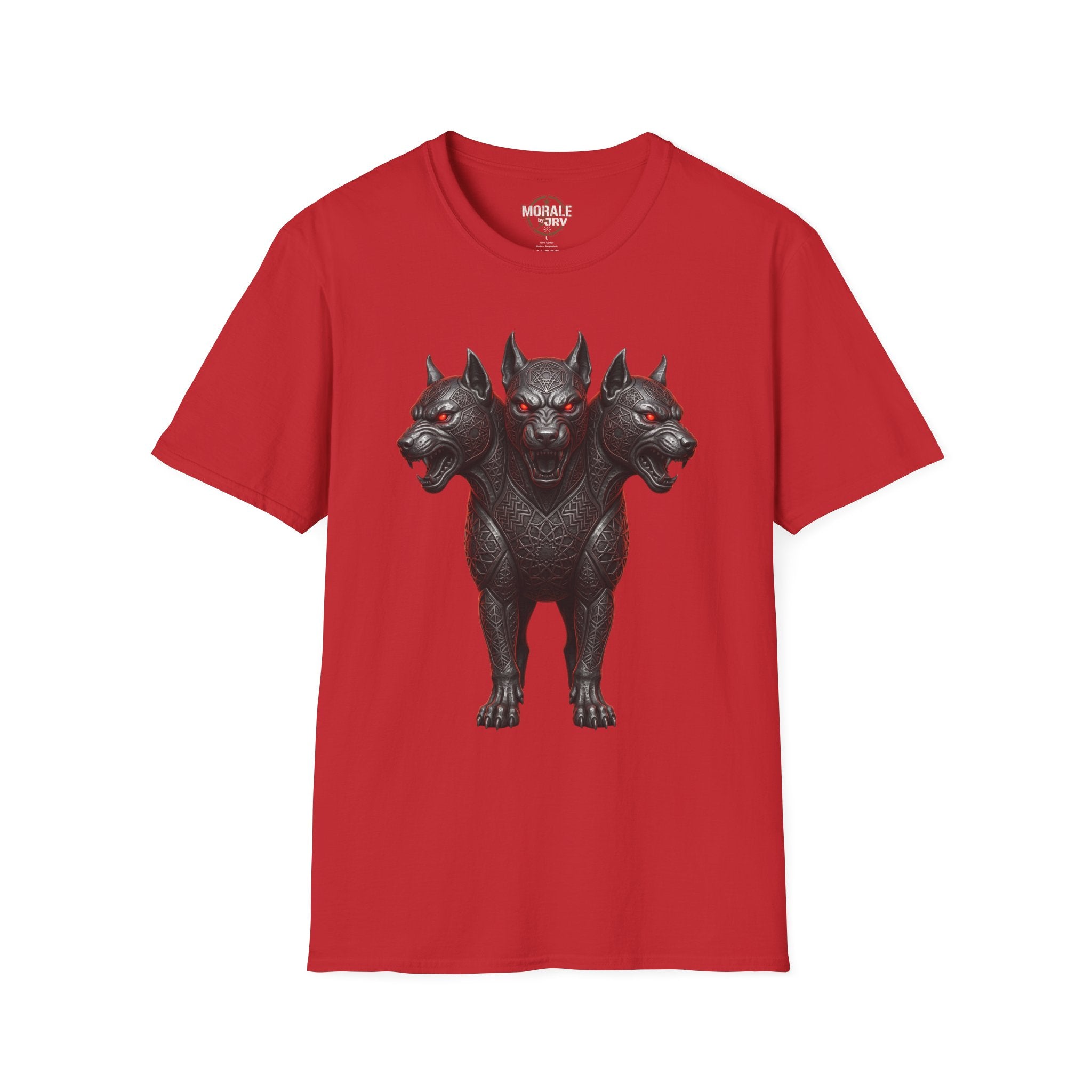 Red three-headed Cerberus dog T-shirt, three-head gothic graphic on front