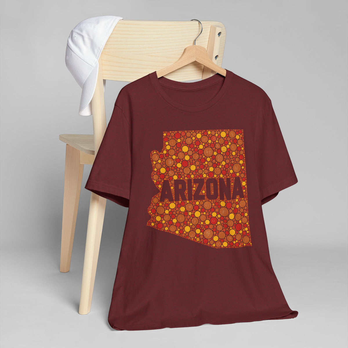 Burgundy T-shirt with orange patterned Arizona graphic front