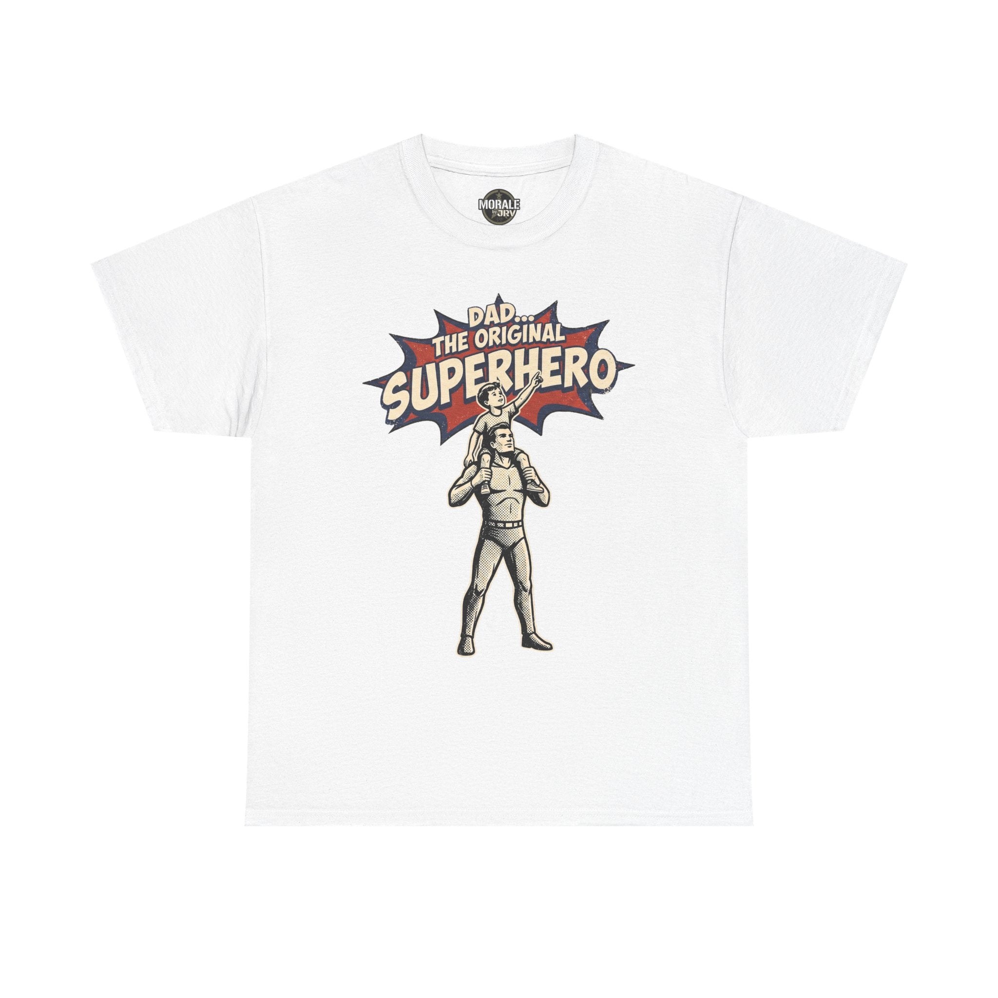 White crewneck T-shirt with retro comic superhero dad graphic on the chest